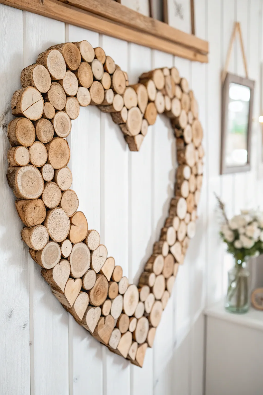 Embrace the rustic charm of a wood slice heart wreath, perfect for a cozy farmhouse vibe.
