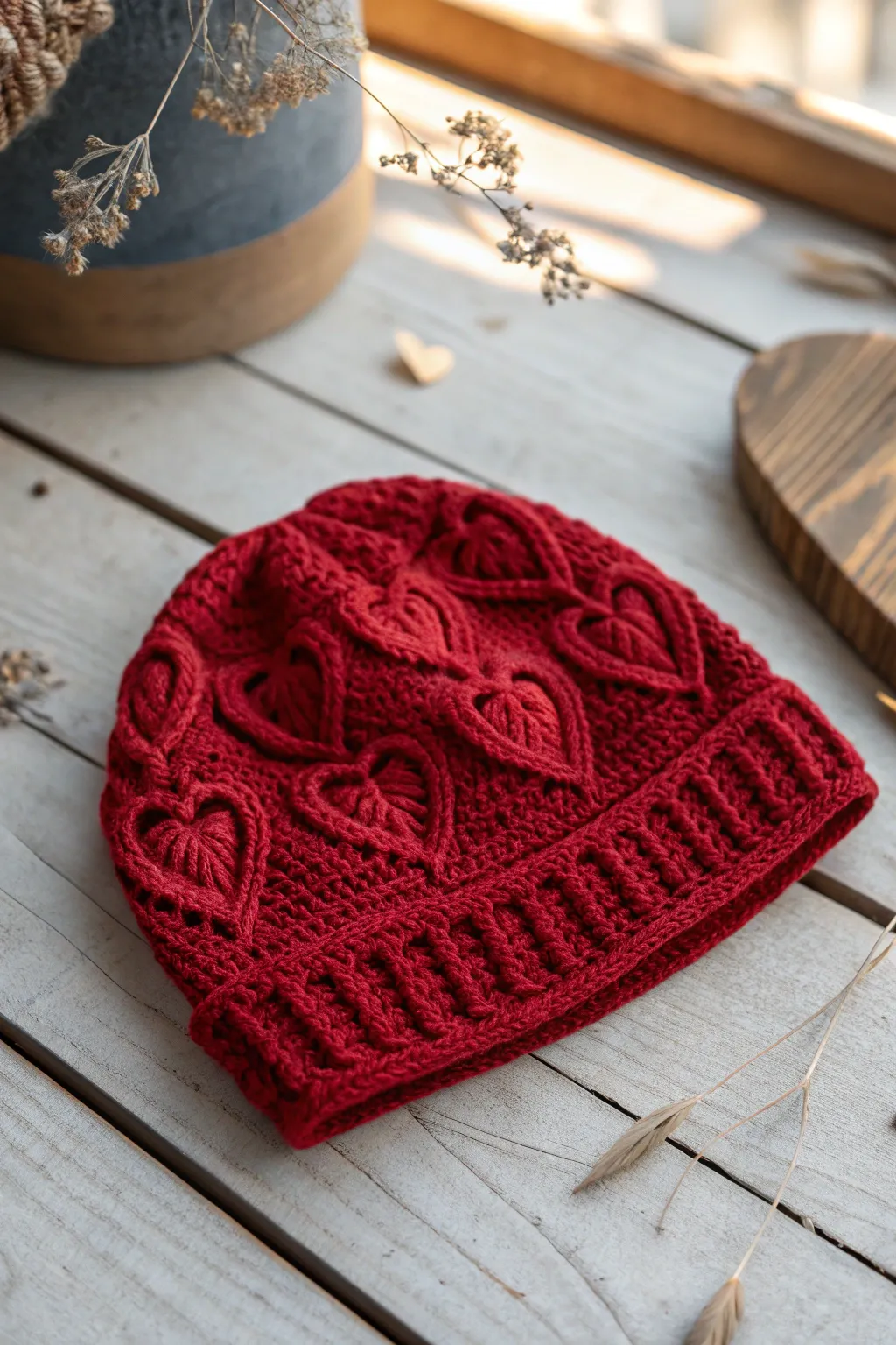 Cozy up with love: This heart-themed crochet beanie is your perfect Valentine’s accessory!