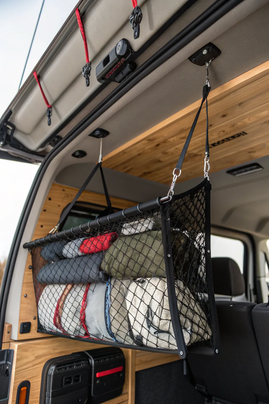 Elevate your van storage game with a stylish and functional ceiling-mounted net for all your lightweight essentials.