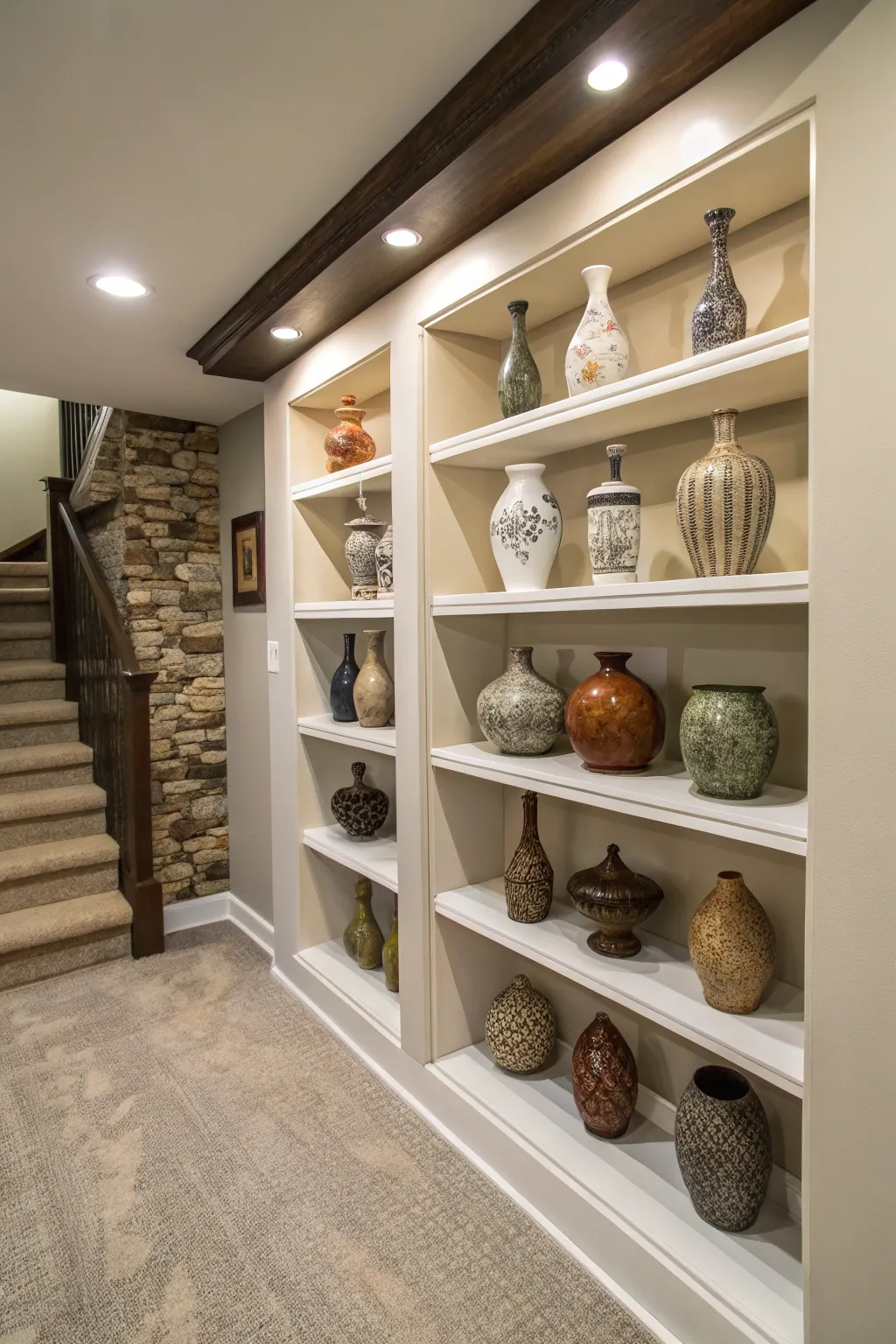 Basement shelves provide ample room for storing a large collection of vases.