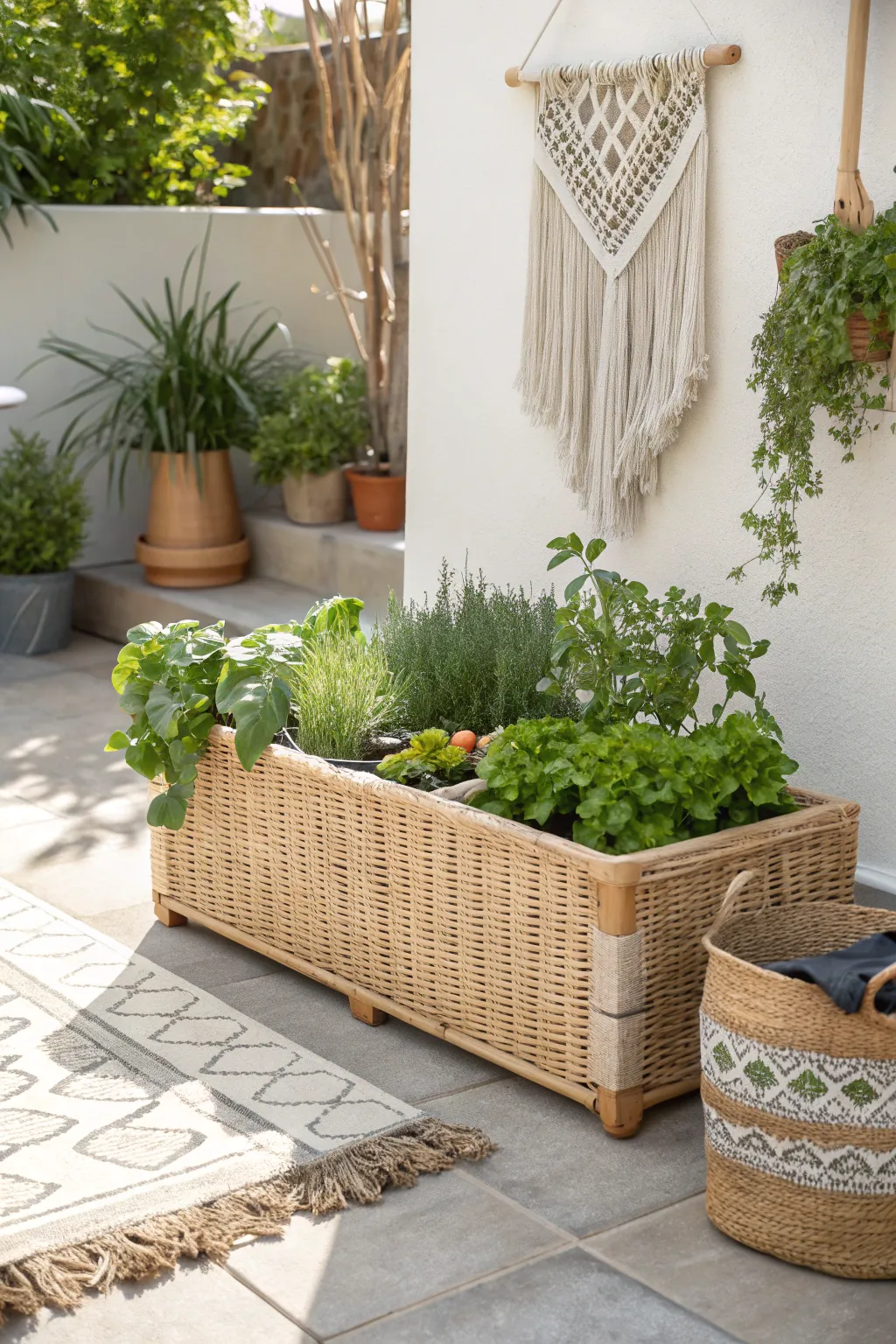 Elevate your garden game with this charming wicker raised planter, blending boho flair with minimalist elegance.