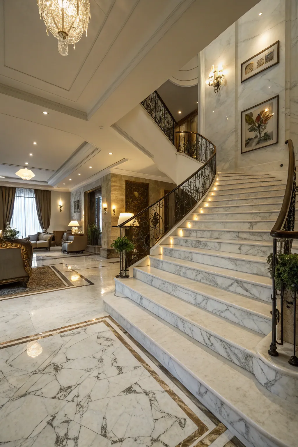 Marble-look vinyl flooring offers a touch of elegance to your staircase.