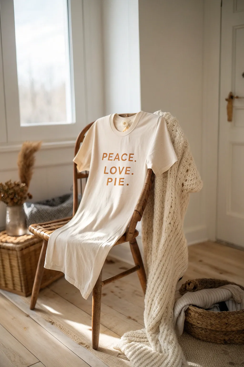 Celebrate Thanksgiving with style and simplicity: 'Peace. Love. Pie.' on a cozy vinyl tee.