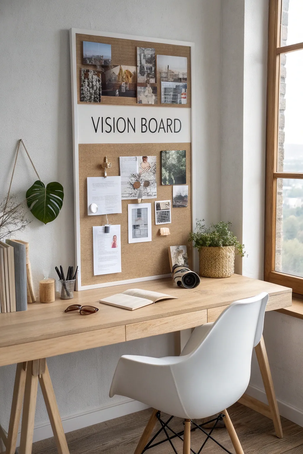 Let your workspace be a canvas for dreams with a vision board that inspires daily.