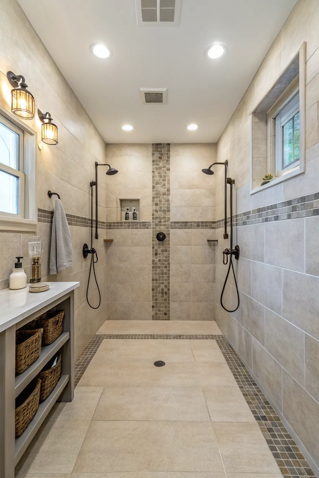 A double shower featuring a calming neutral color palette for a contemporary look.