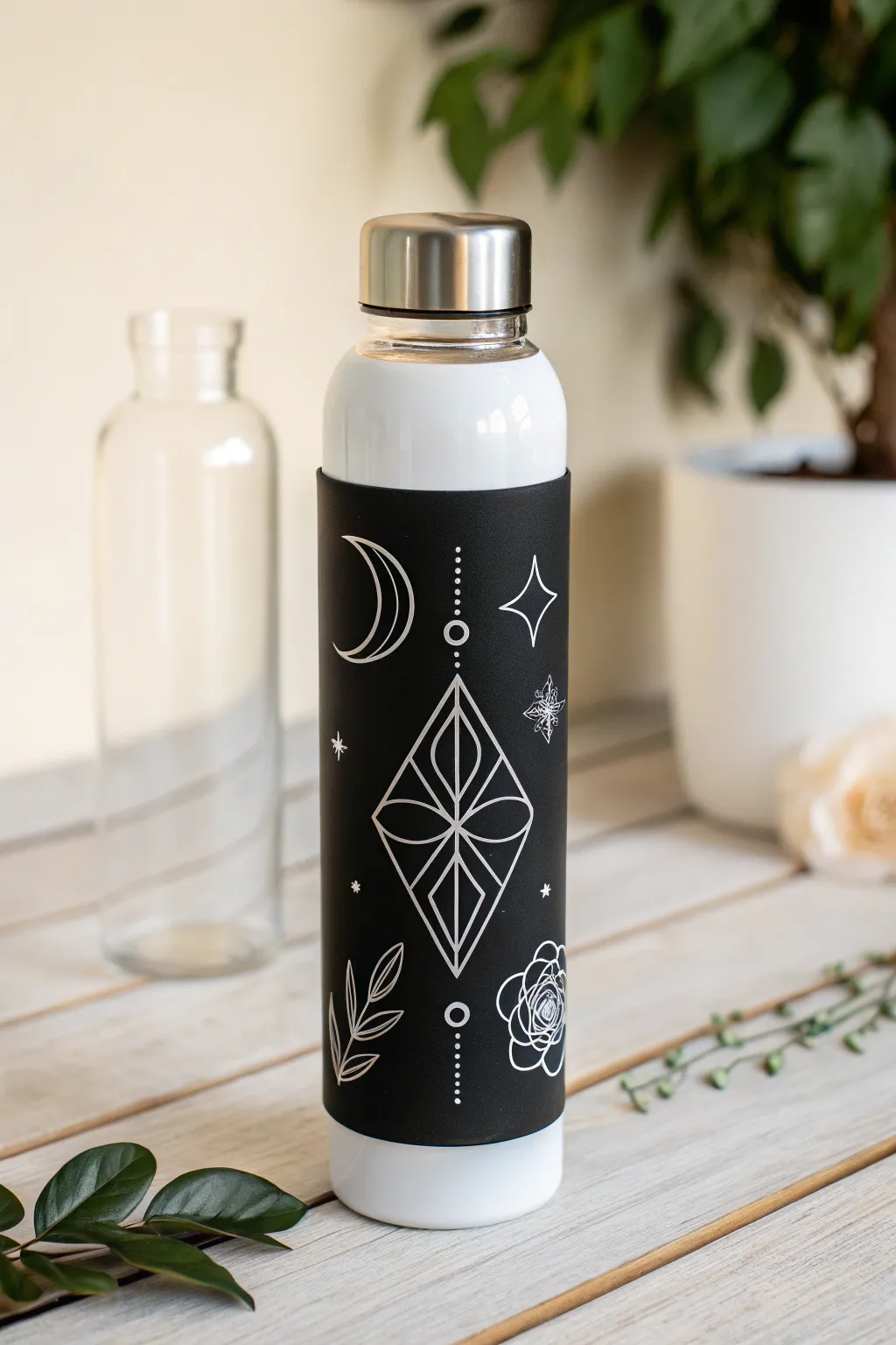 Elevate your hydration game with sleek black and white sticker designs for a touch of sophistication.
