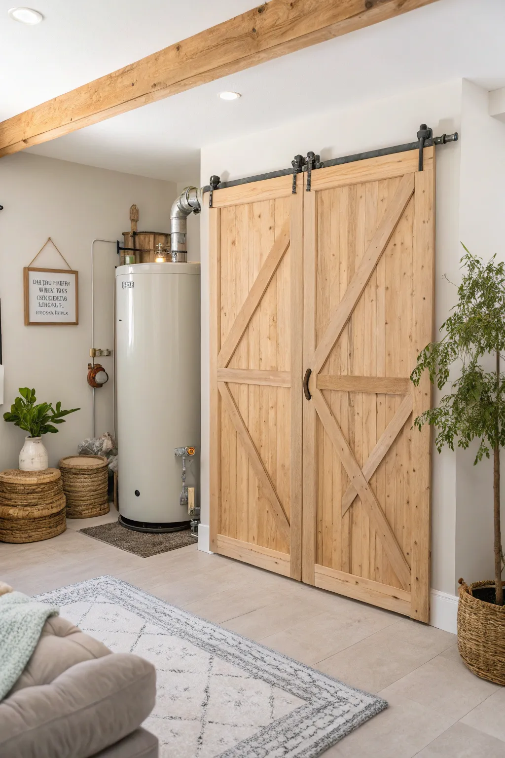 Sliding barn doors offer a stylish and space-saving solution to hide your water heater. 🚪 #FarmhouseStyle #CreativeDesign