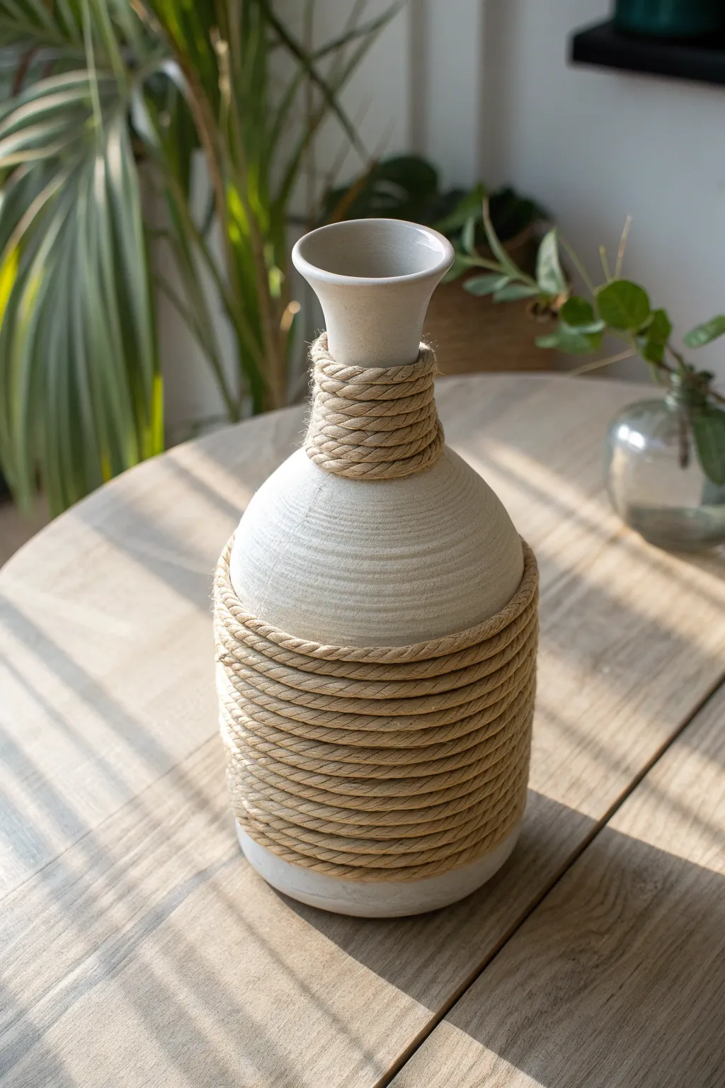 Elevate your space with rustic charm: a simple jute-wrapped jug for a touch of natural elegance.