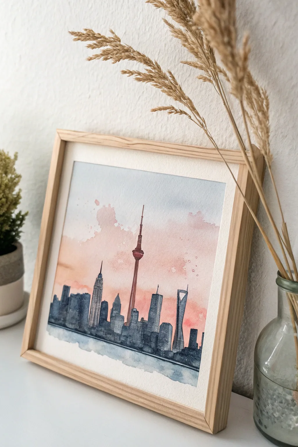 Bring your travel memories to life with this charming watercolor urban skyline.