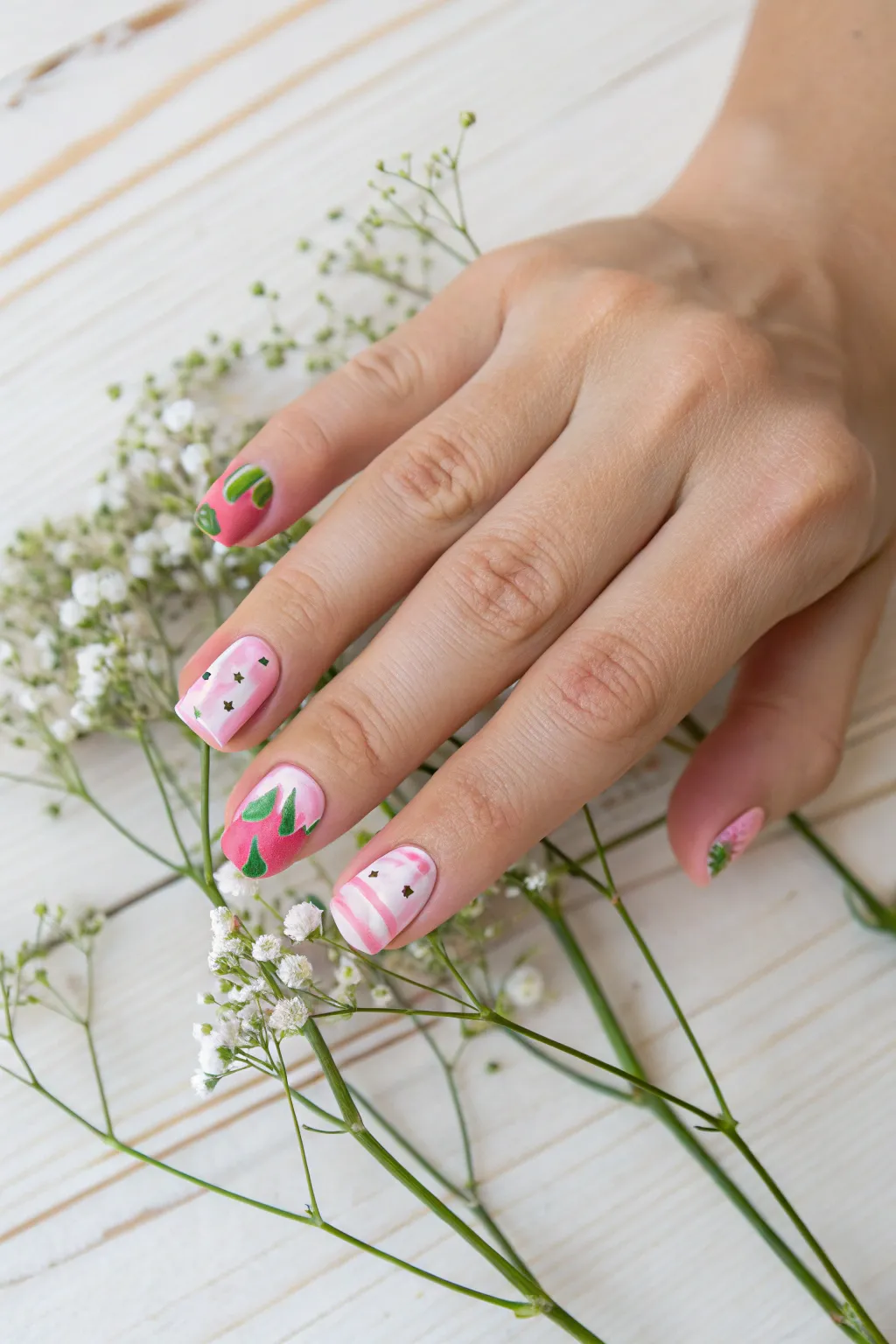 Embrace the essence of summer with this enchanting watermelon and floral nail design, a perfect blend of simplicity and natural beauty.