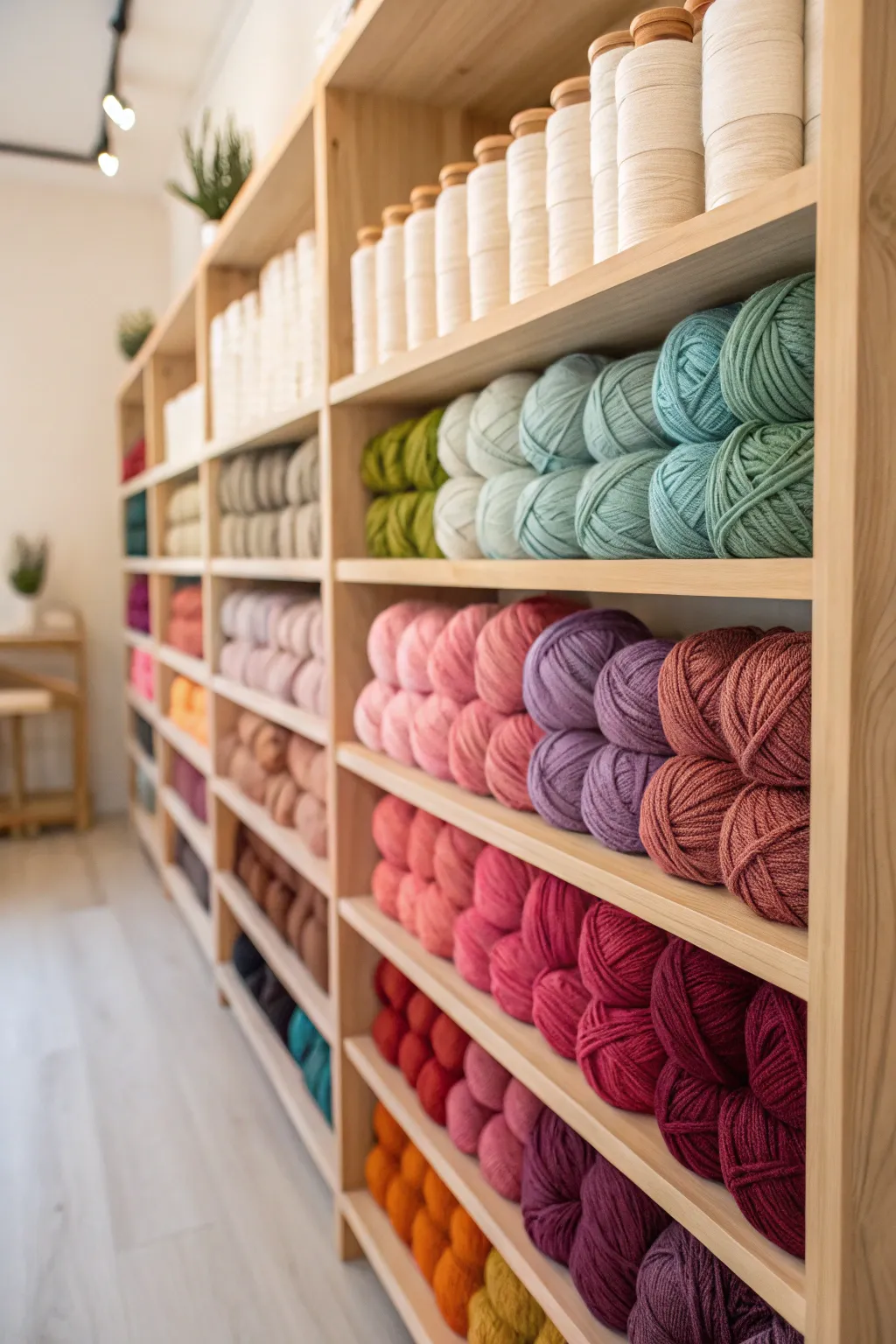 Transform your weaving studio with a color-coded yarn display, where organization meets beauty.