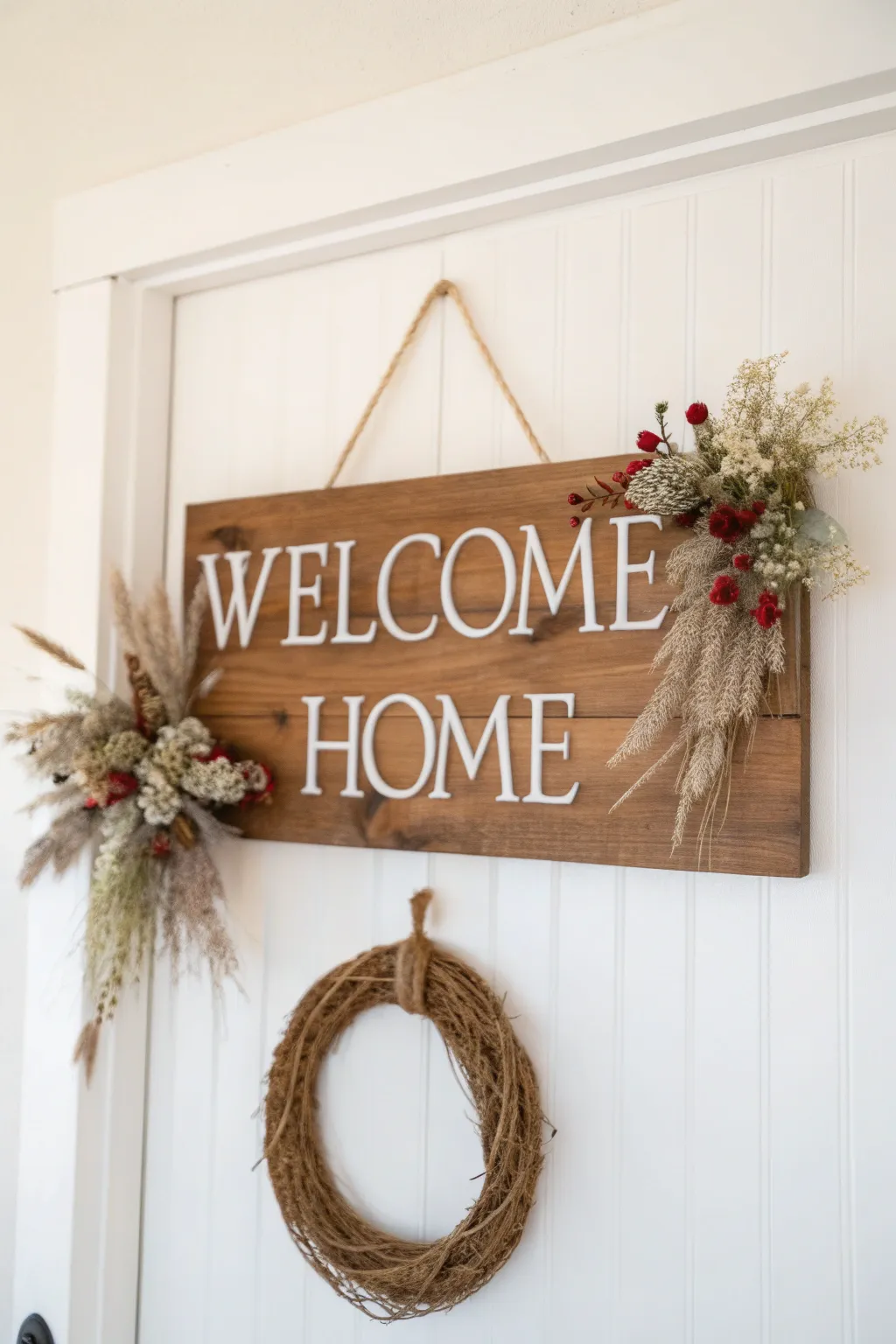 Add a touch of rustic charm with a handcrafted 'Welcome Home' sign.