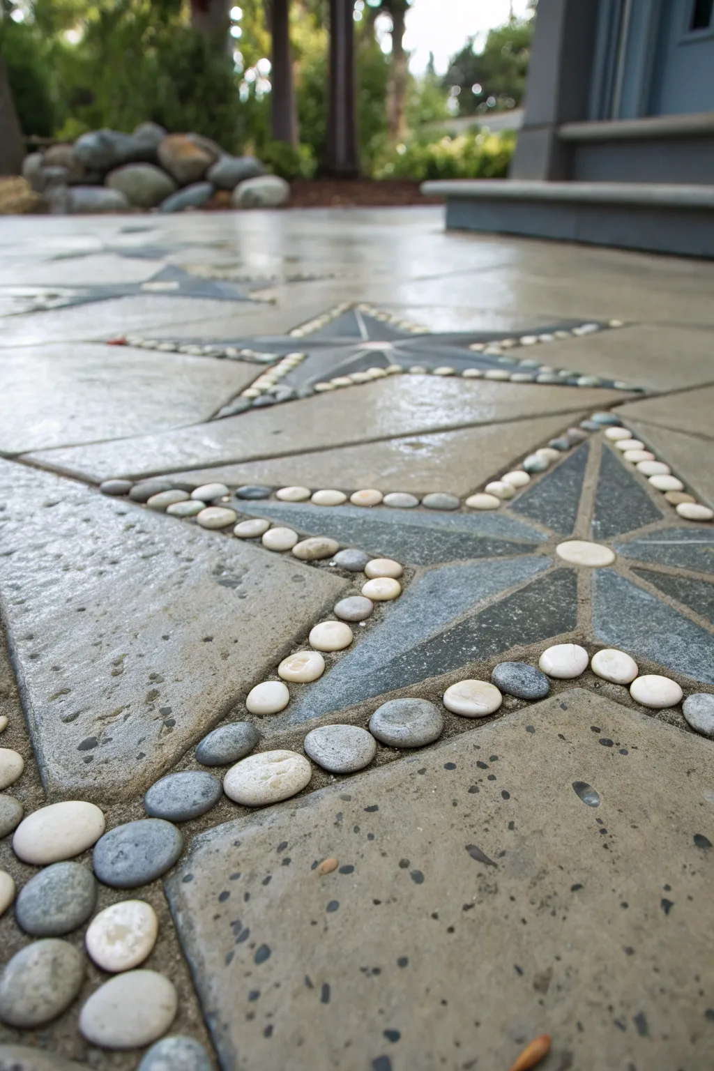 Craft your driveway with a touch of artistry: Pebble Star Design in Wet Cement.