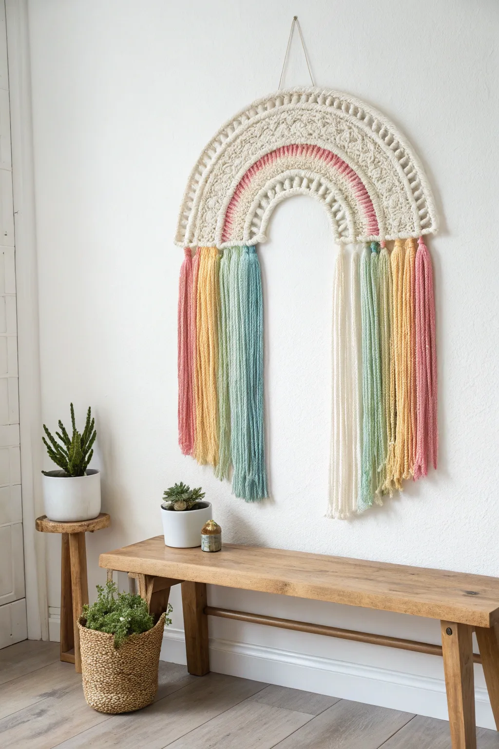 Bring a burst of color to your space with this stunning handcrafted rainbow wall hanging, perfect for adding a touch of joy and creativity to any room.