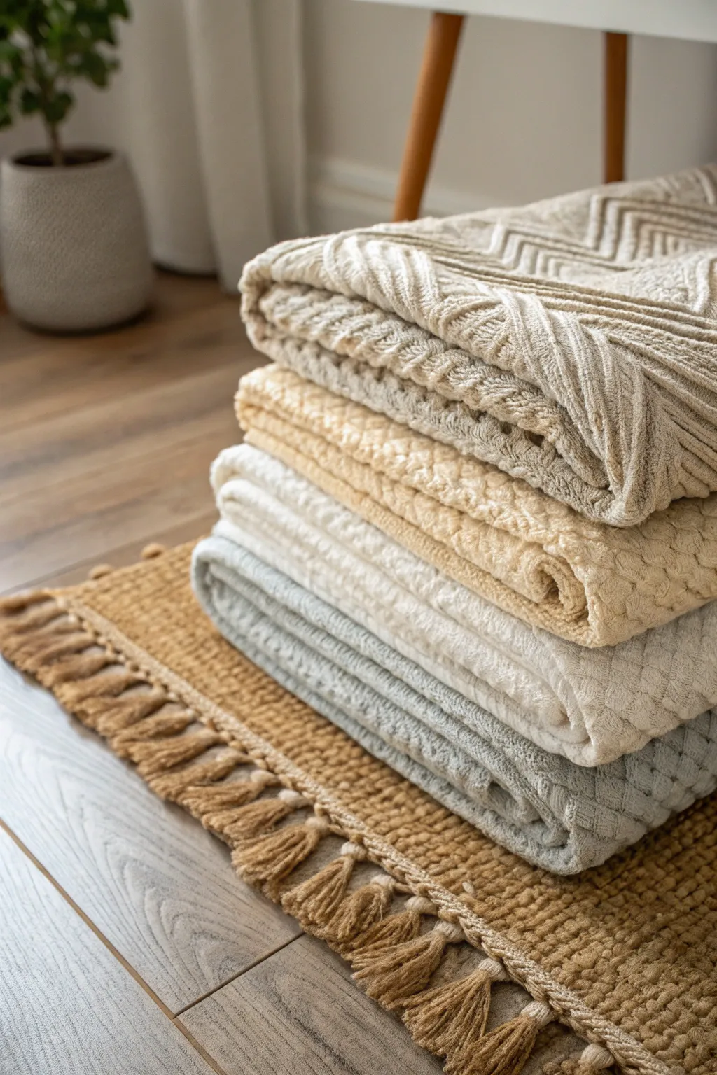 Embrace warmth and style with layered carpet remnants, perfect for a cozy craft space.