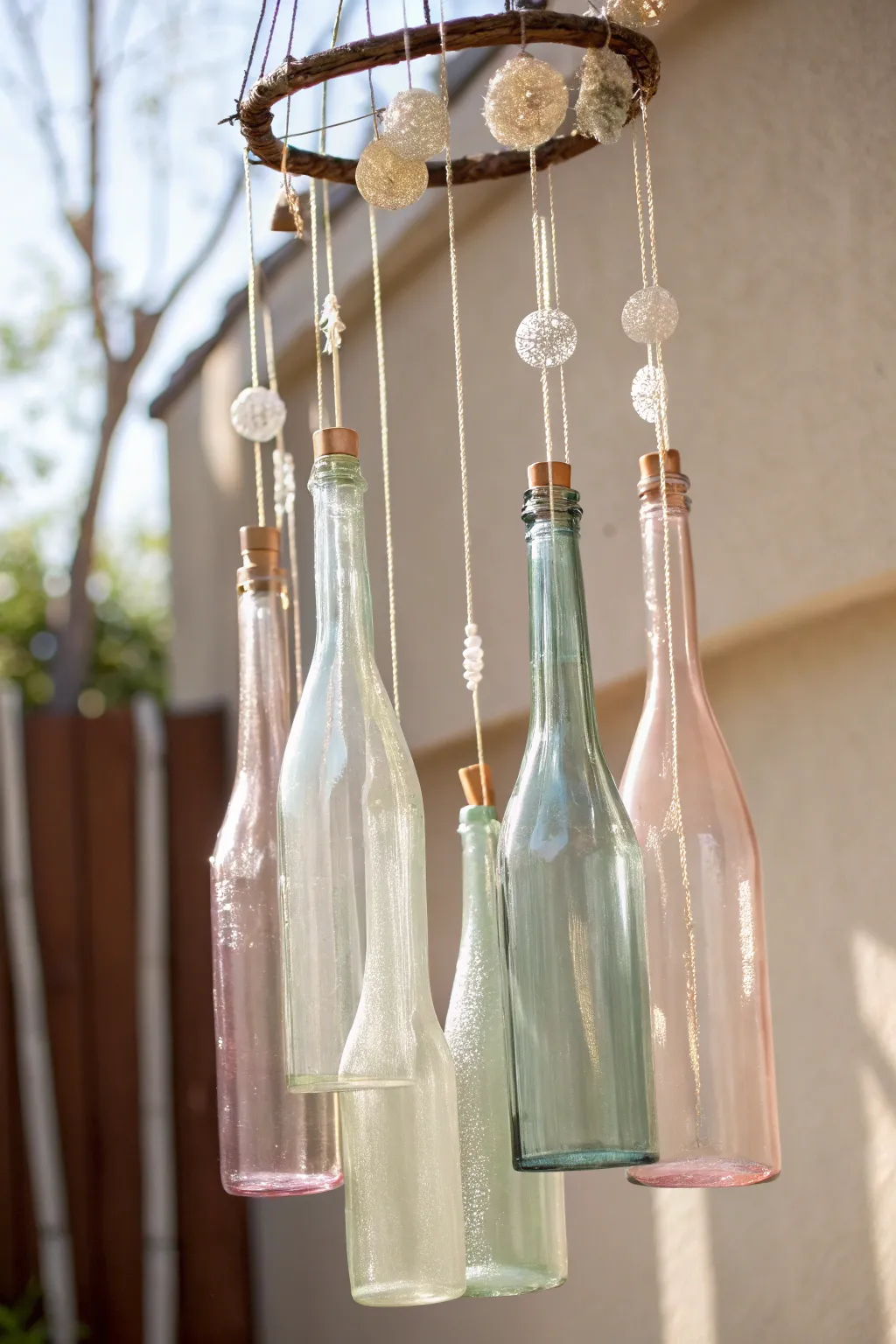 Embrace tranquility with a handcrafted glass bottle wind chime, where sustainability meets serene beauty.