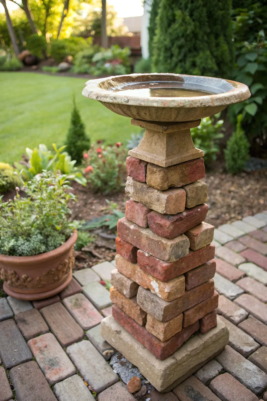Transform old bricks into a charming birdbath stand and invite nature's beauty to your garden.