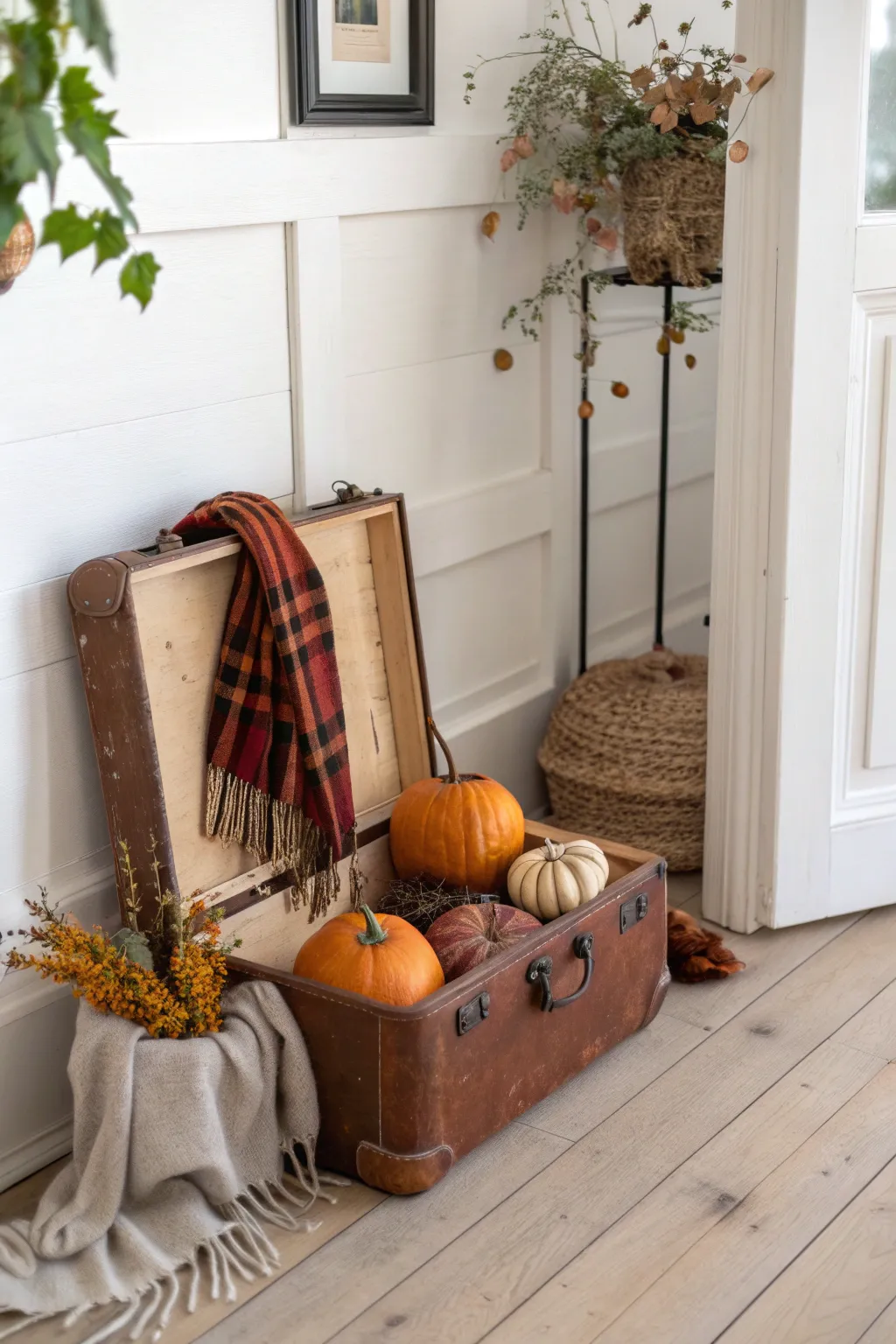 Transform your entryway with a charming seasonal vignette using an old suitcase. 🌿✨
