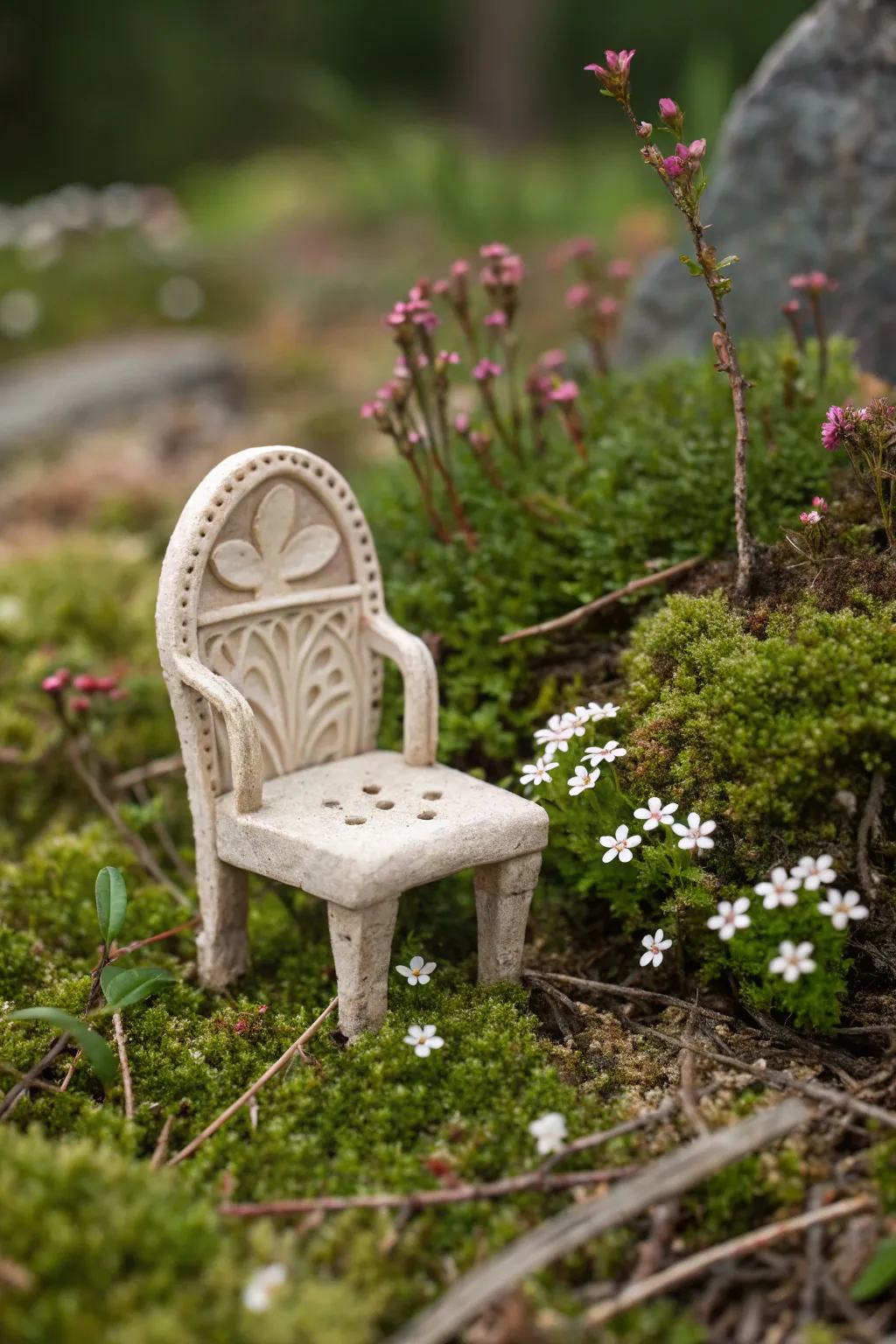 Embrace the magic of minimalism with this whimsical clay chair, perfect for a fairy garden hideaway.
