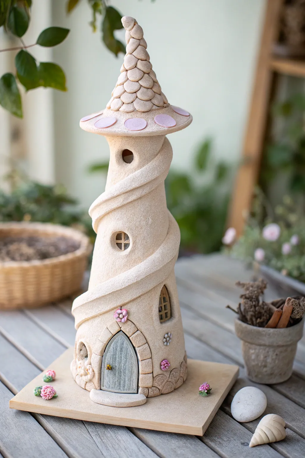 Enchanted Elegance: Discover the magic of a twisted fairy tower crafted from clay, where simplicity meets storybook charm.