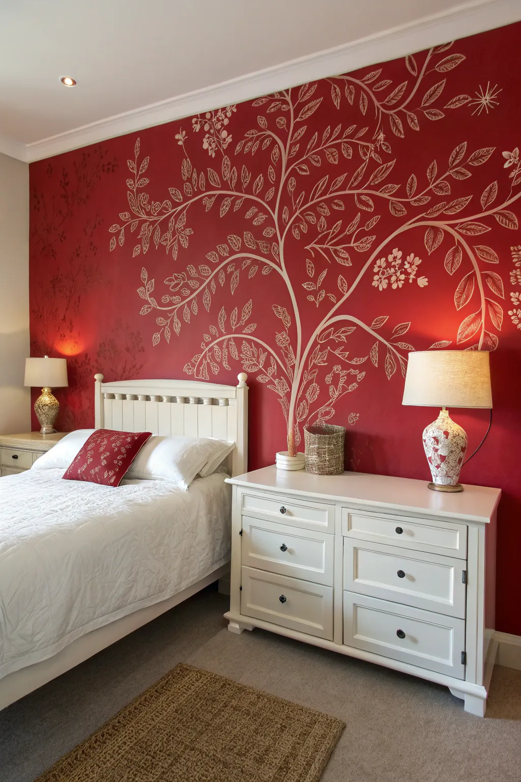 A striking red mural transforms the room into an artistic retreat.