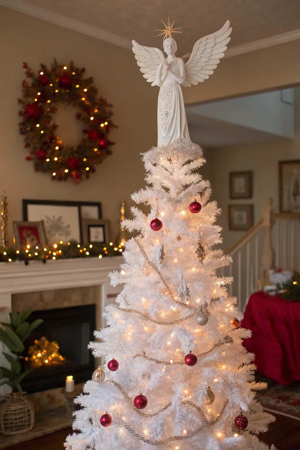 A white angel brings a serene beauty to this holiday tree.