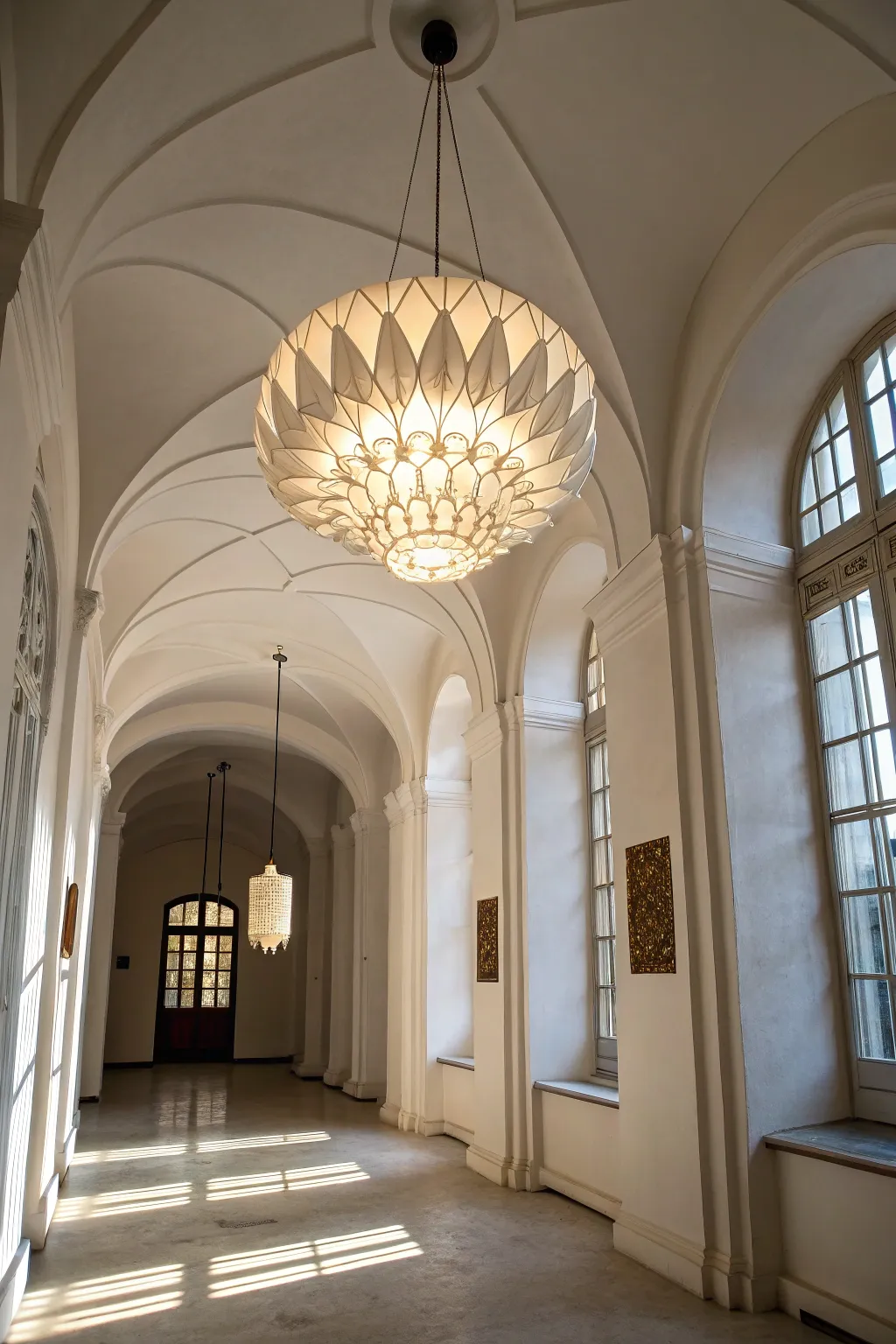 Unique lighting adds character and elegance to white walls.