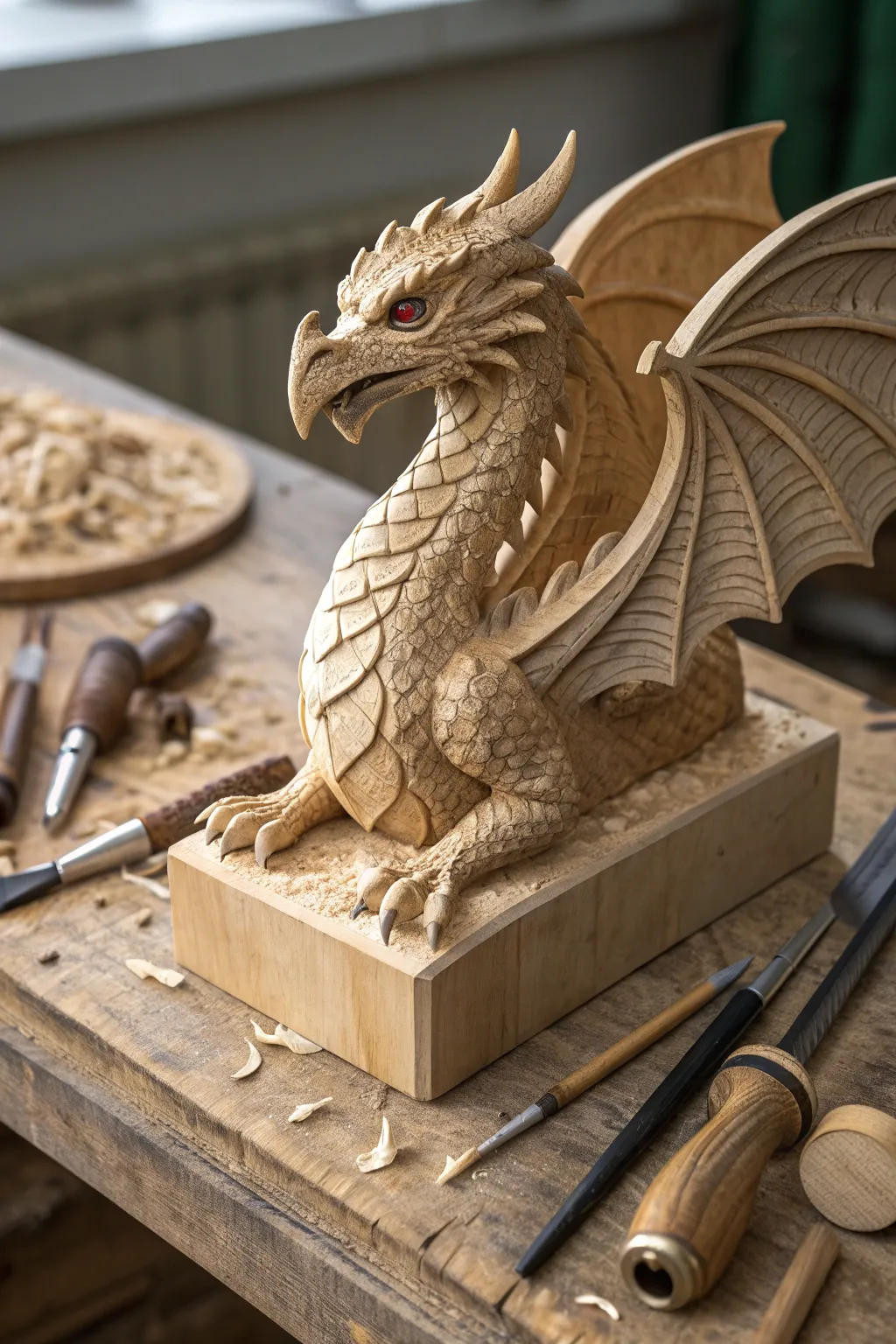 Unleash your imagination with this masterfully carved wooden dragon.