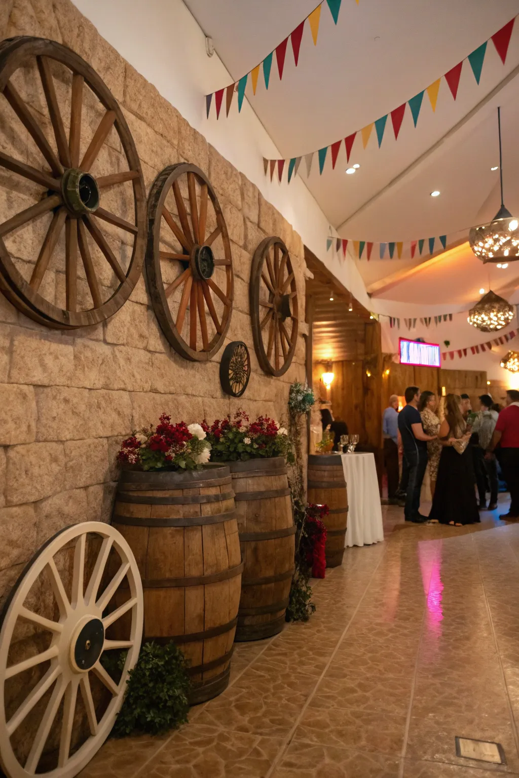 Wagon wheels and barrels enhance the Wild West theme.