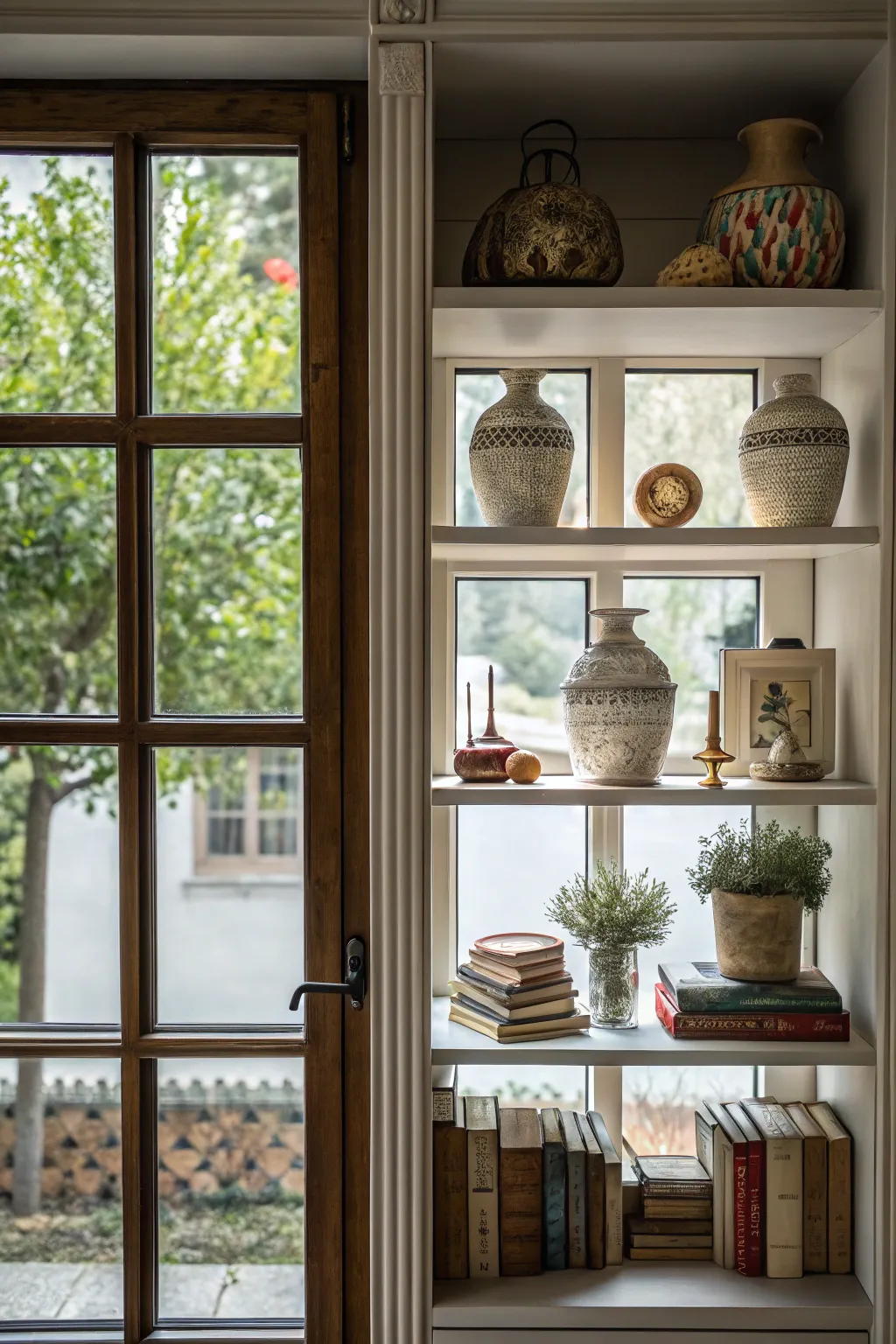 Window frames as shelf backdrops add depth and interest.