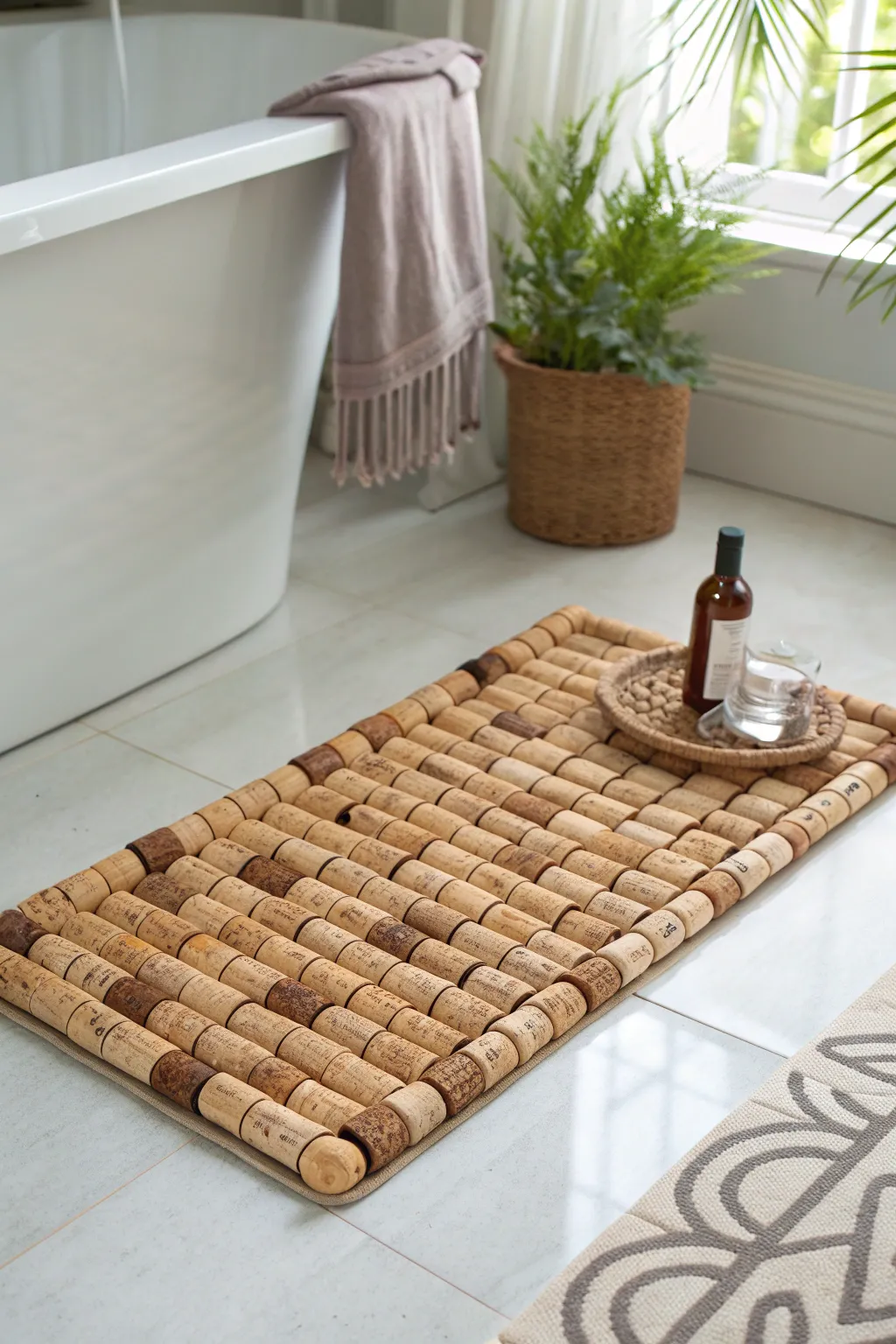 Transform your bathroom with a handmade cork bath mat that combines simplicity and natural beauty.