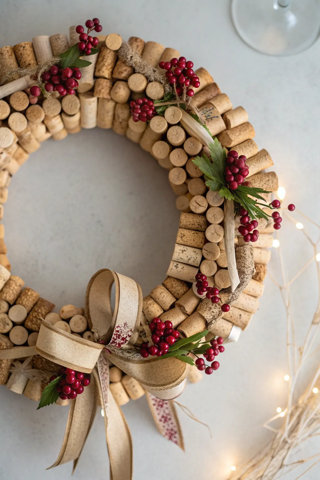 Welcome guests with a warm, handcrafted cork wreath that embodies minimalist elegance.
