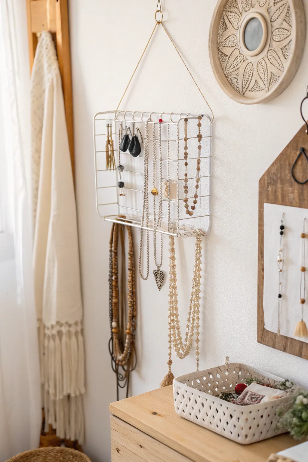 Transform your jewelry into a work of art with this chic Scandinavian-inspired wire basket display.