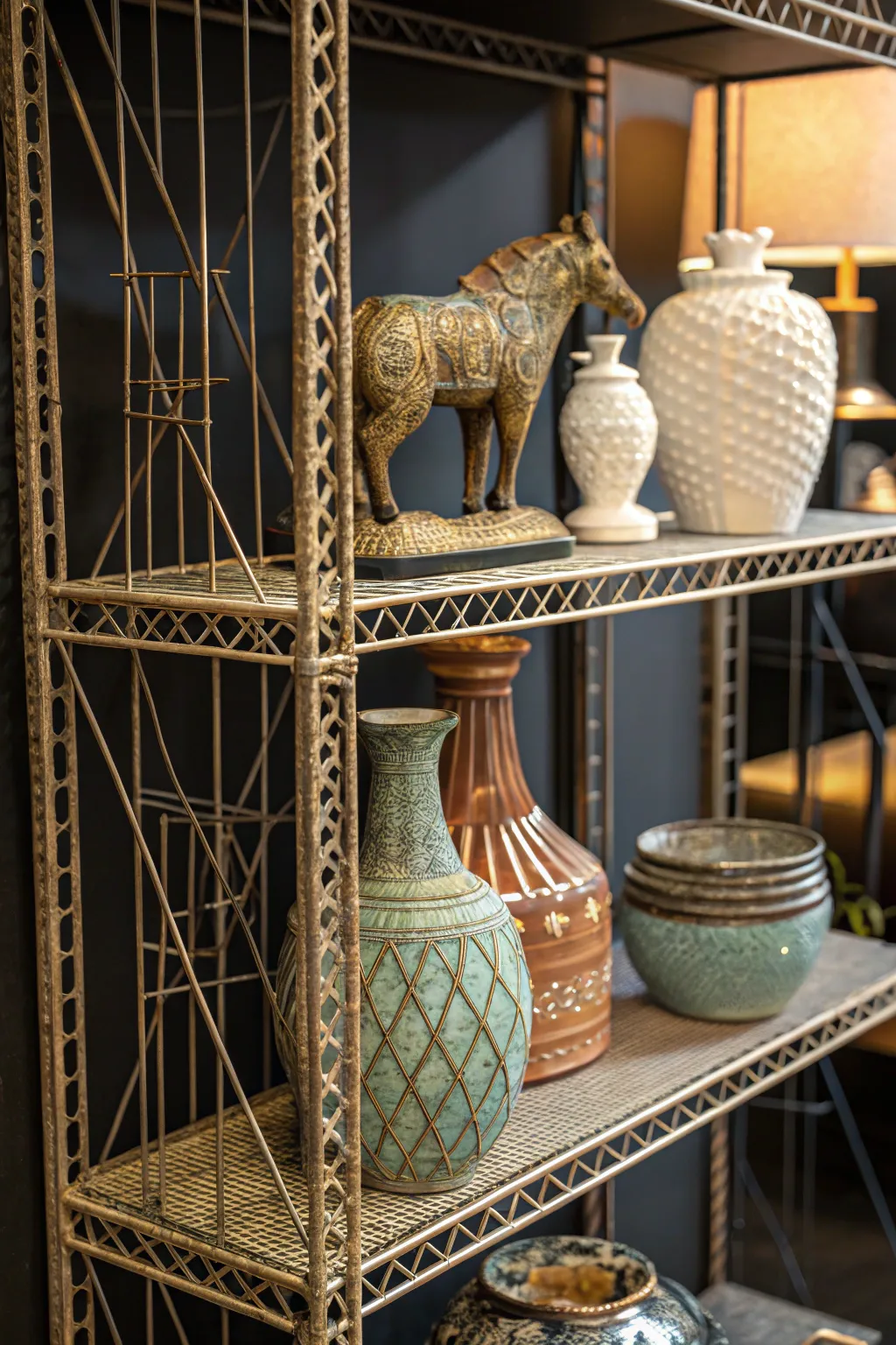 Elevate your space with a touch of artistry: wire shelves adorned with exquisite vases and figurines.