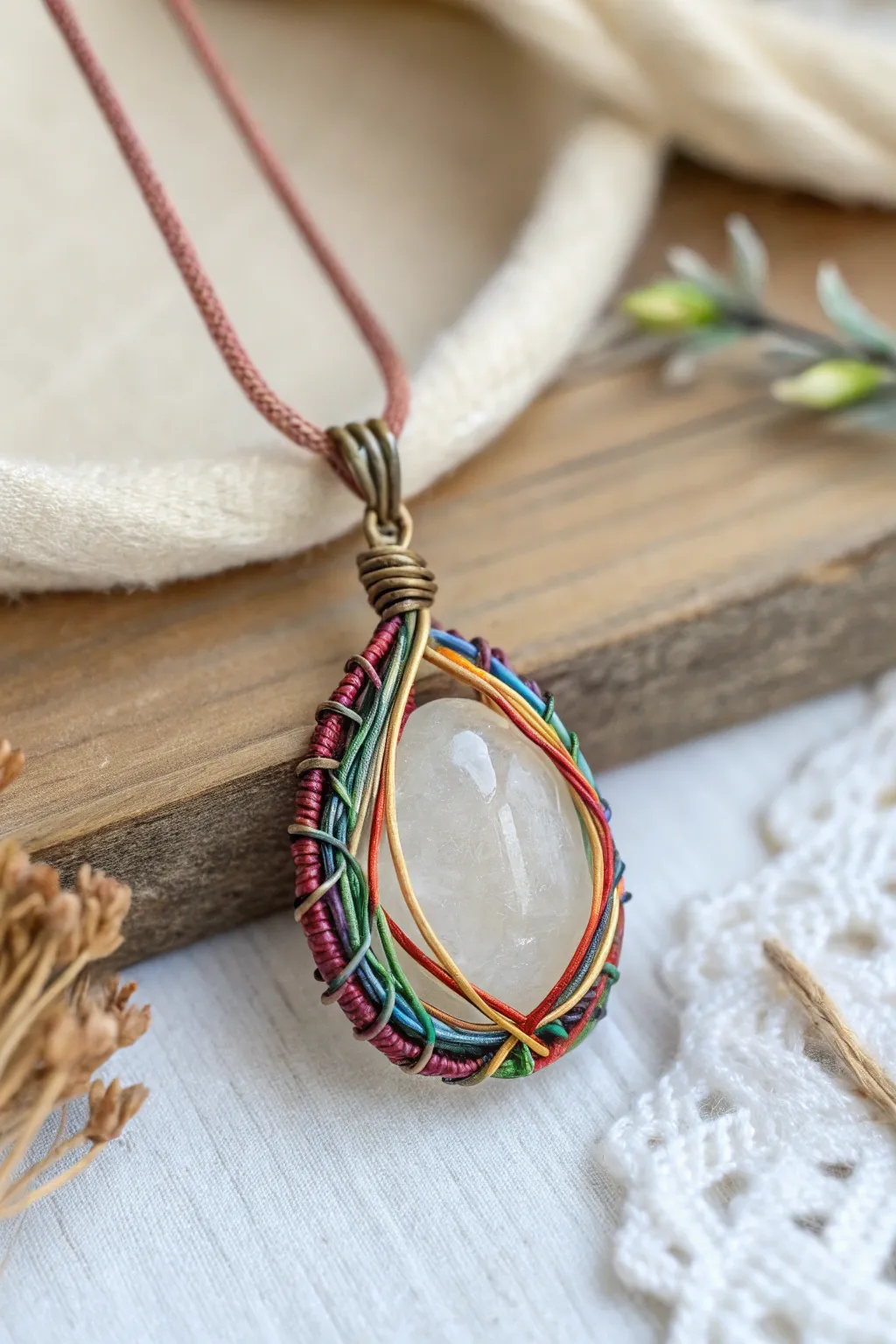 Add a splash of color to your style with this vibrant wire-wrapped pendant!