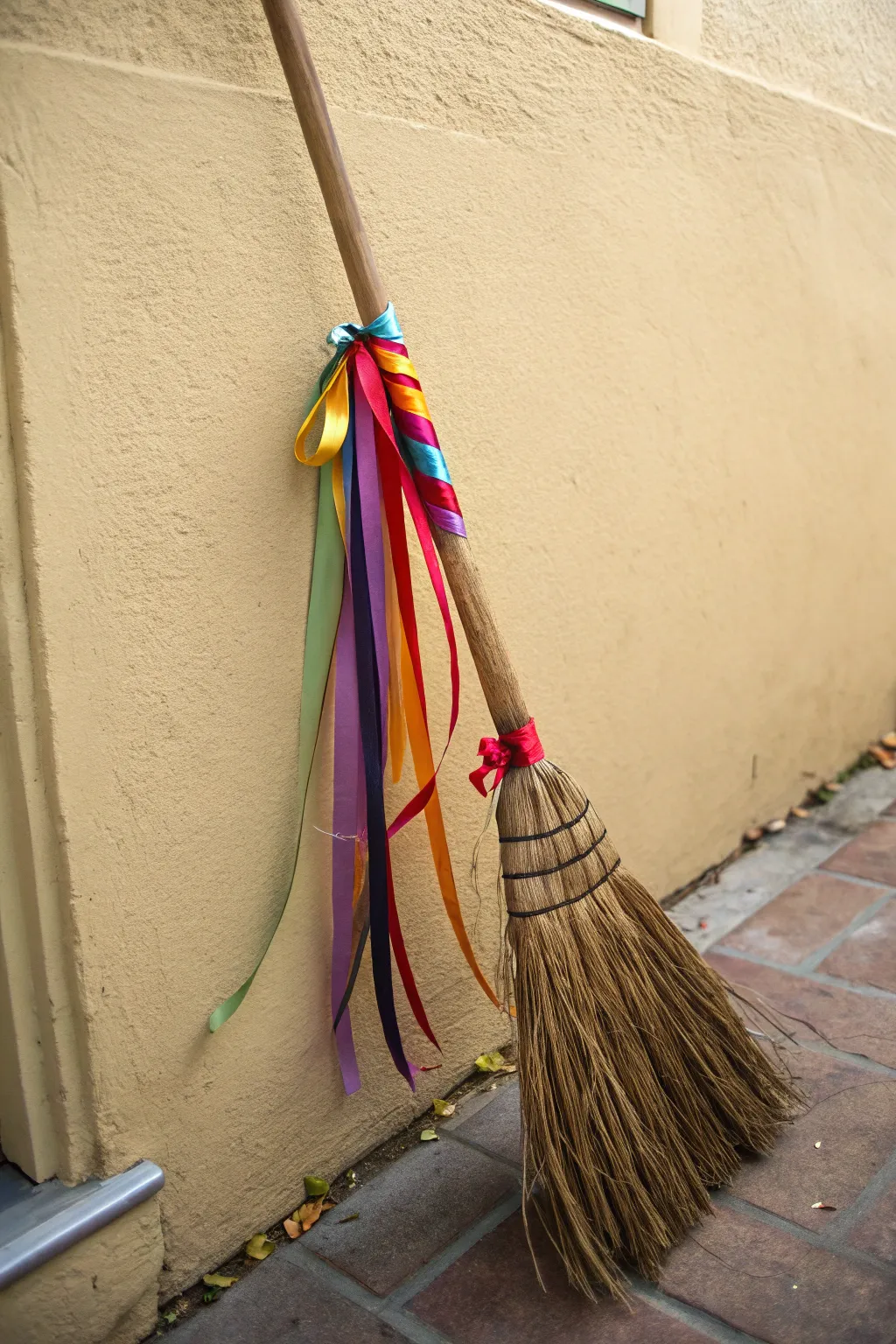 Add a playful pop of color with ribbons on your witch broom.