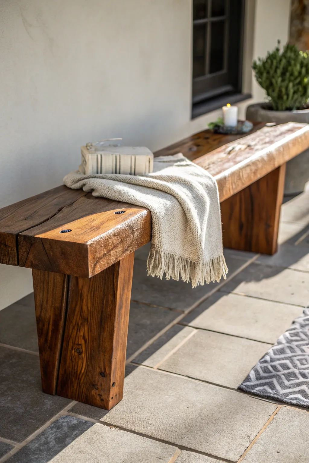 A masterpiece of craftsmanship: the wood beam bench, perfect for any setting.