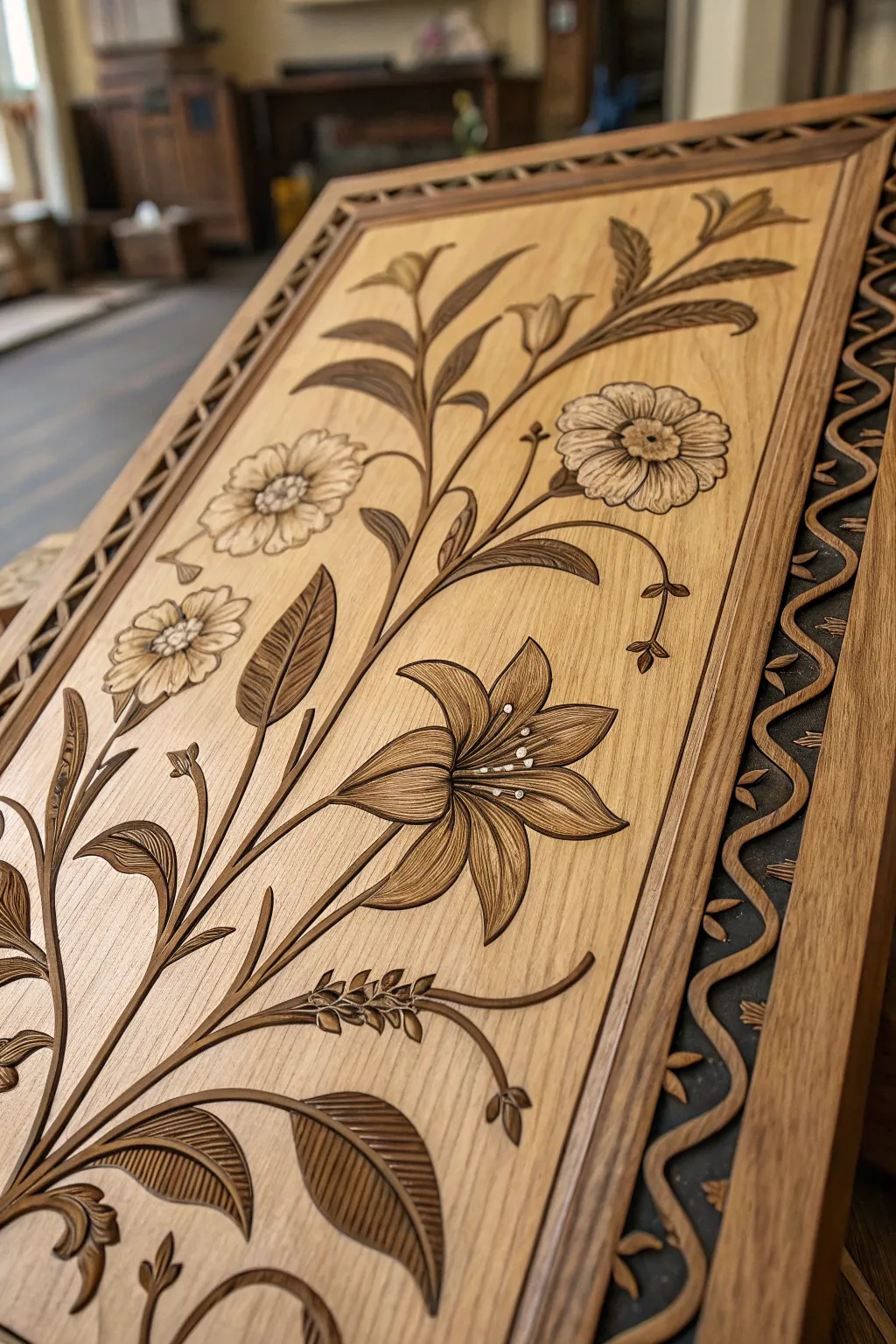 Nature's artistry captured in wood: A stunning display of floral and botanical wood burning art.
