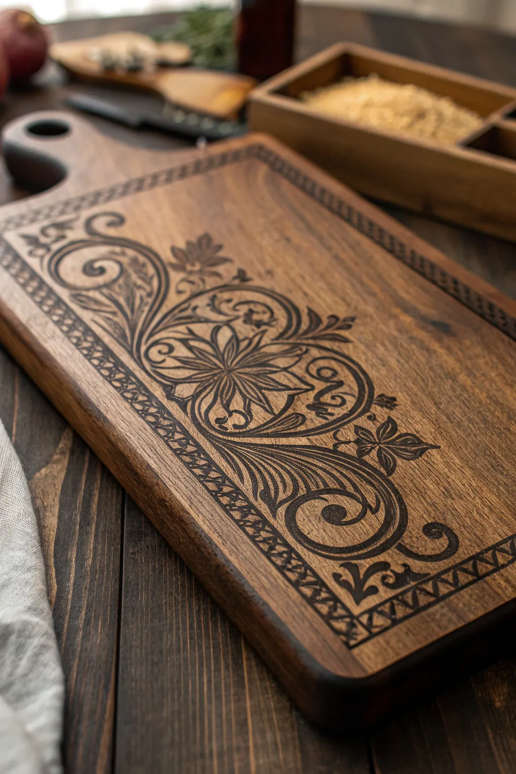 Timeless elegance: Elevate your kitchen with vintage charm through masterful wood burning artistry.