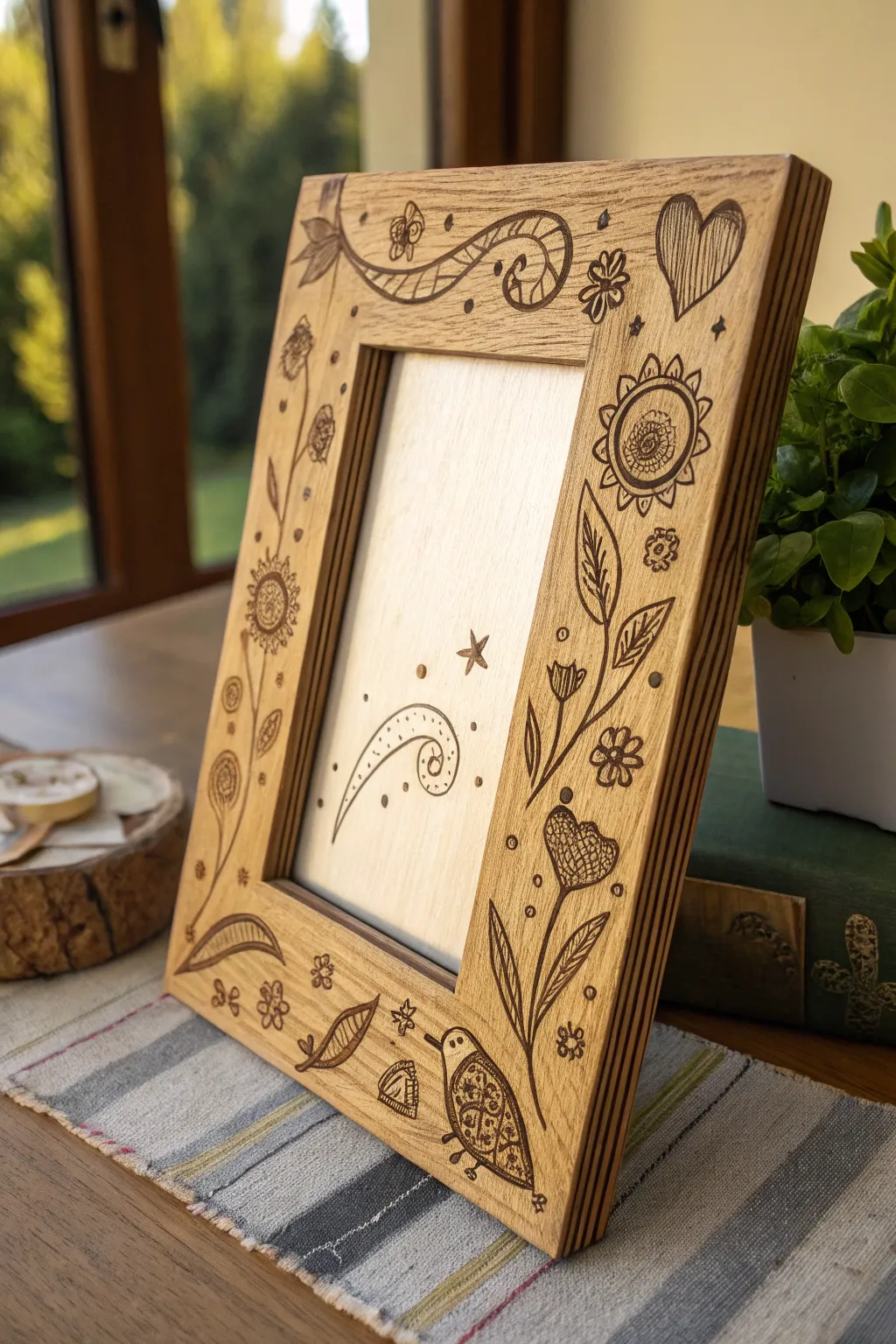 Elevate your memories with artful wood-burned picture frames.