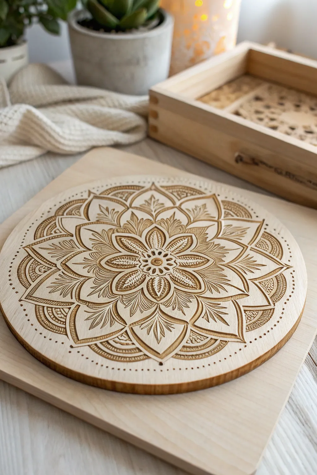 Discover the serene beauty of mandalas etched in wood – a perfect blend of artistry and nature.