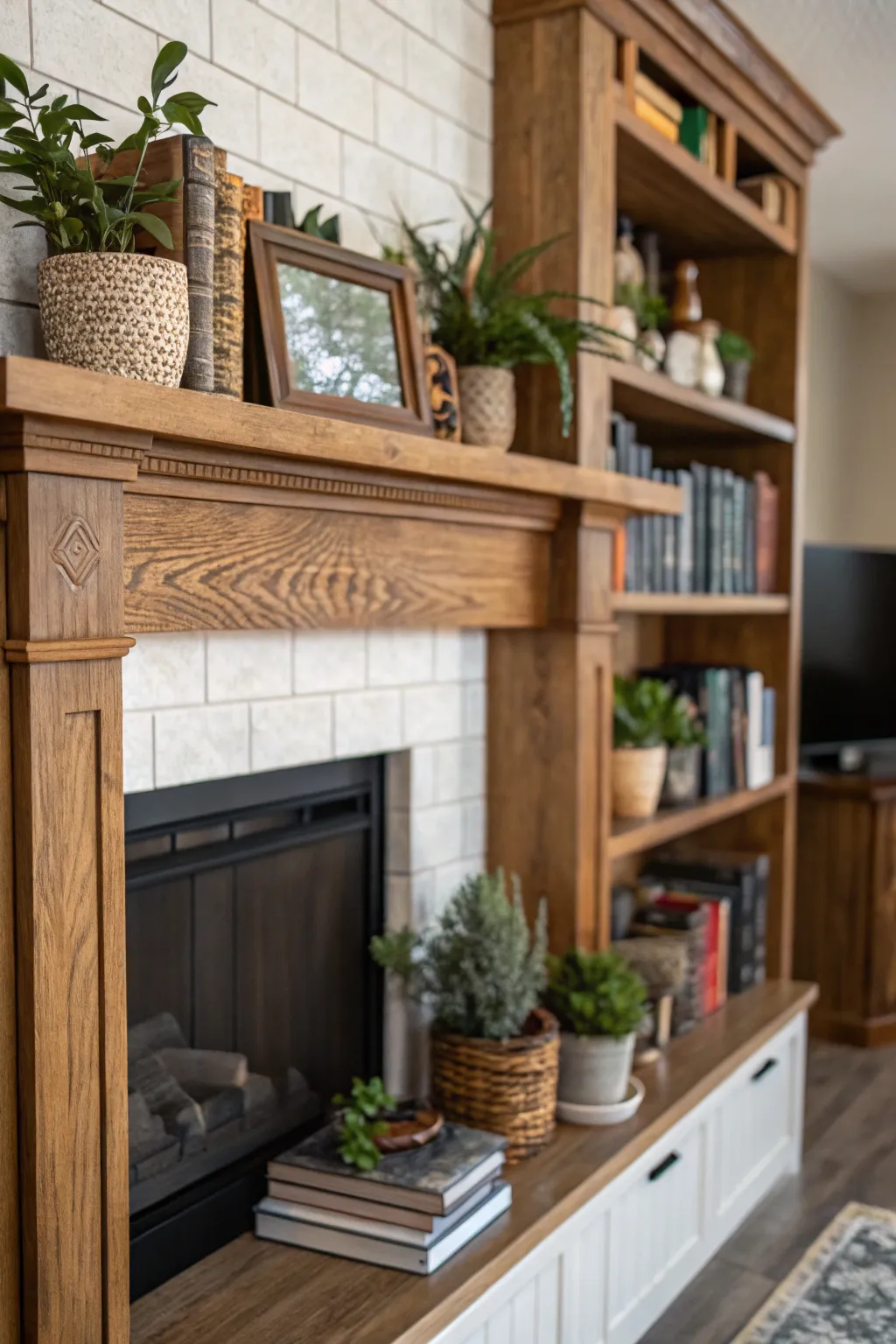 Add functionality with built-in shelving around your mantel.