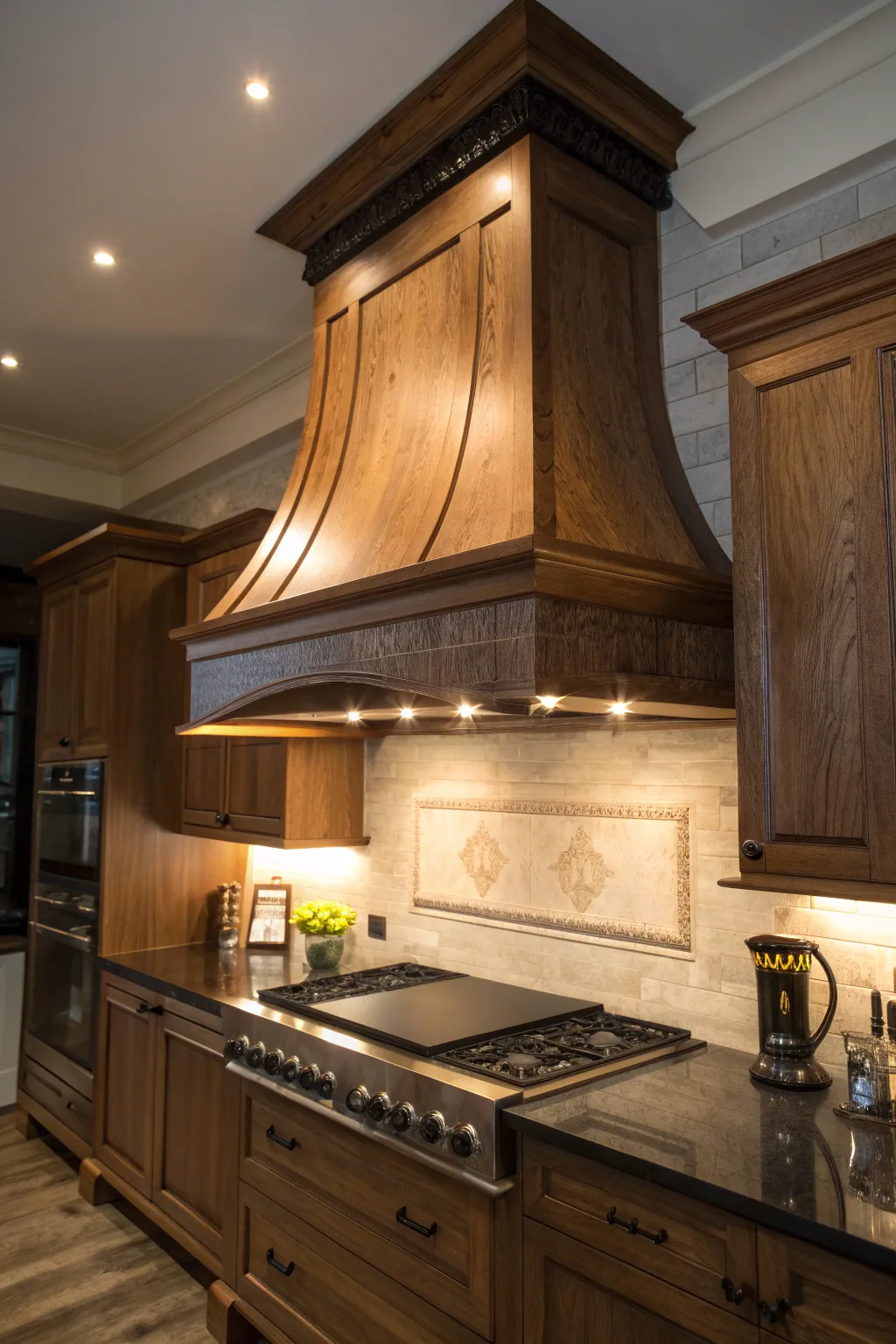 Transform your kitchen with the warm glow of accent lighting on a handcrafted wood hood, where craftsmanship meets comfort.