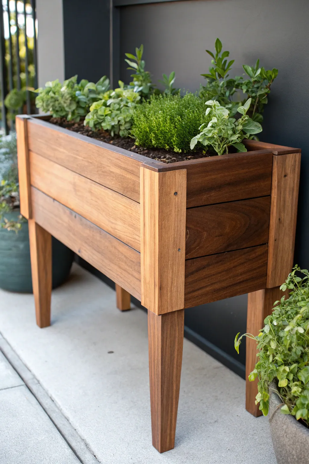 Elevate your greenery with this artisan-crafted raised planter on legs, blending functionality with aesthetic appeal.