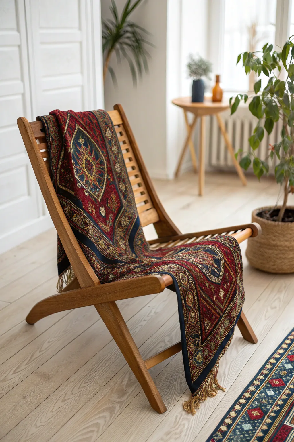 Transform your space with a touch of bohemian charm—ethnic fabrics breathe new life into minimalist wooden designs.