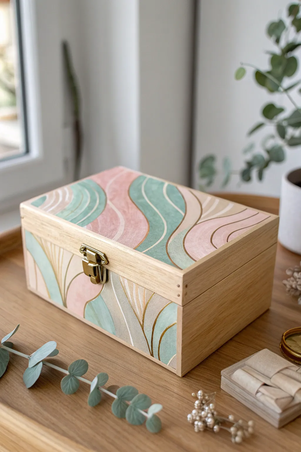 Embrace the elegance of abstract artistry with this uniquely painted wooden jewelry box.