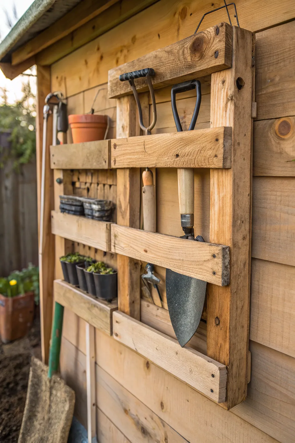 Elevate your garden shed with this handcrafted wooden tool organizer, where style meets function.