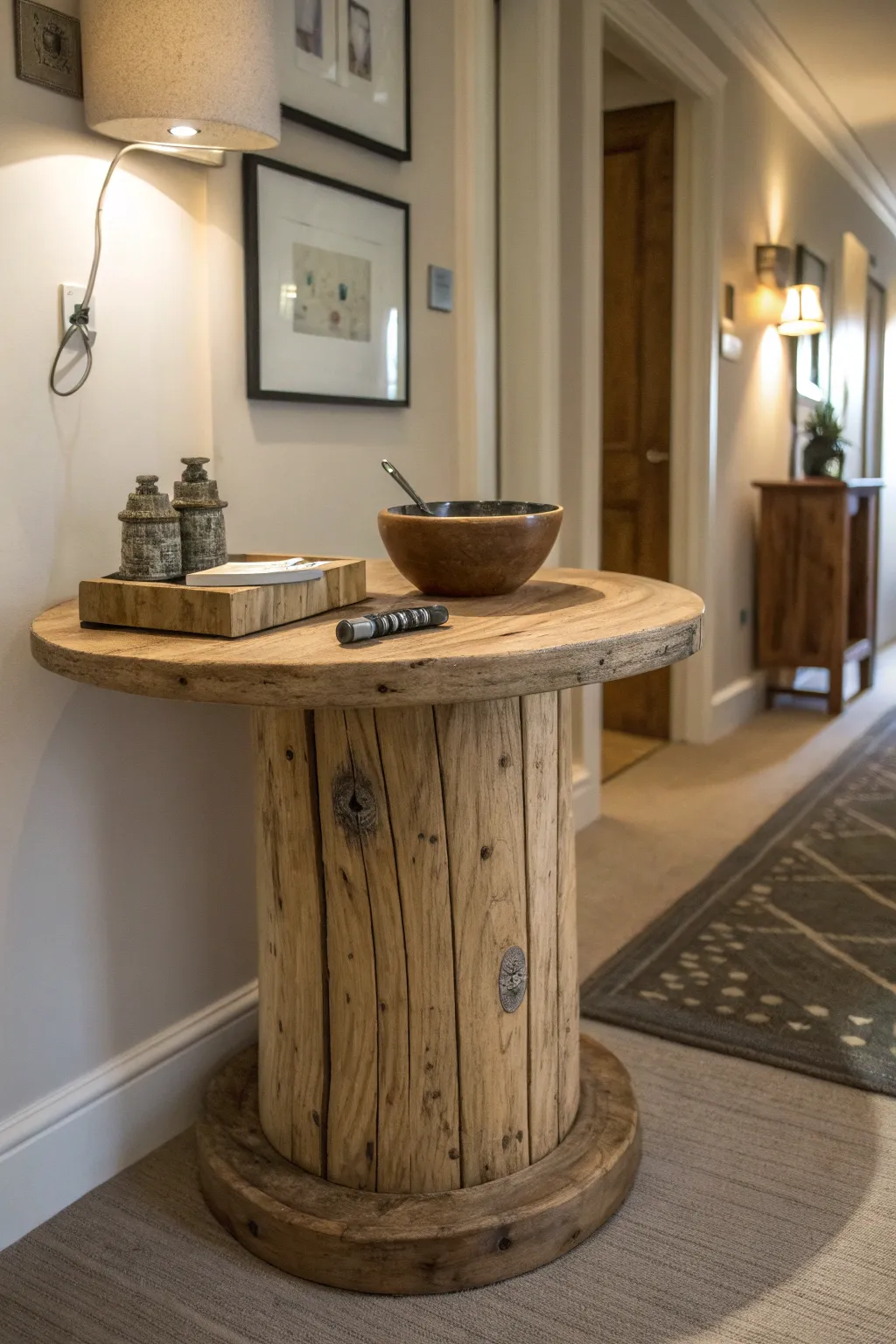 Transforming a wooden reel into a stunning console table — rustic elegance meets functionality.