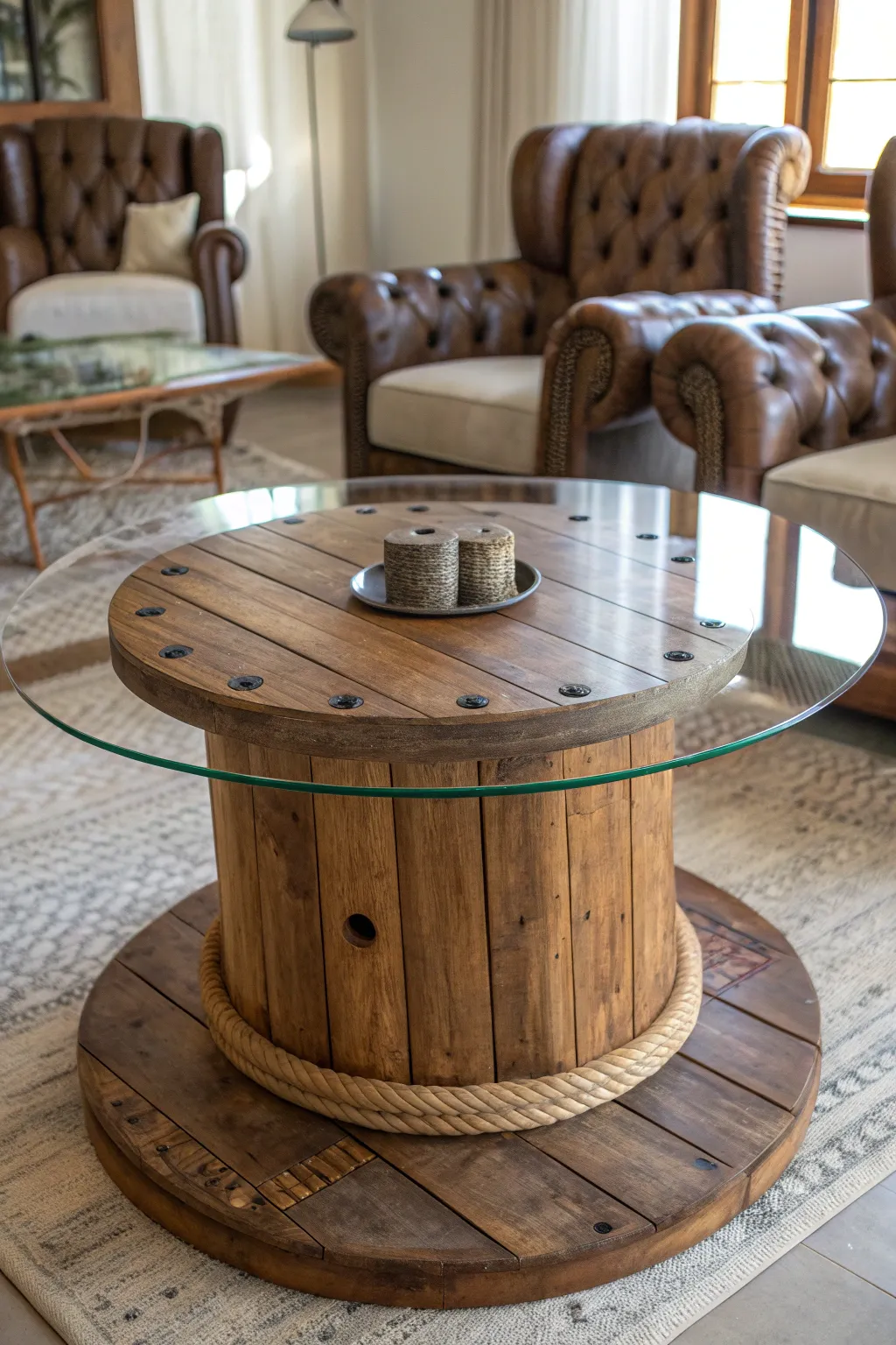 Elevate your living room with this handcrafted wooden spool coffee table, where rustic charm meets modern elegance.