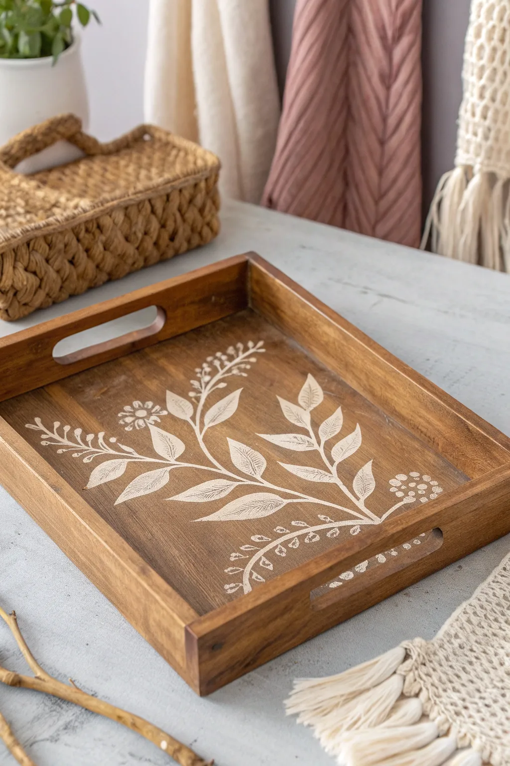 Elevate your space with this mixed media wooden tray, where art and nature beautifully intertwine.